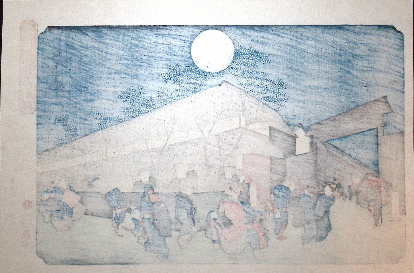 Japanese Ukiyo-e, woodblock print, Hiroshige, "Nighttime Cherry Blossom in Nakanomachi, Yoshiwara Licensed Quarter"