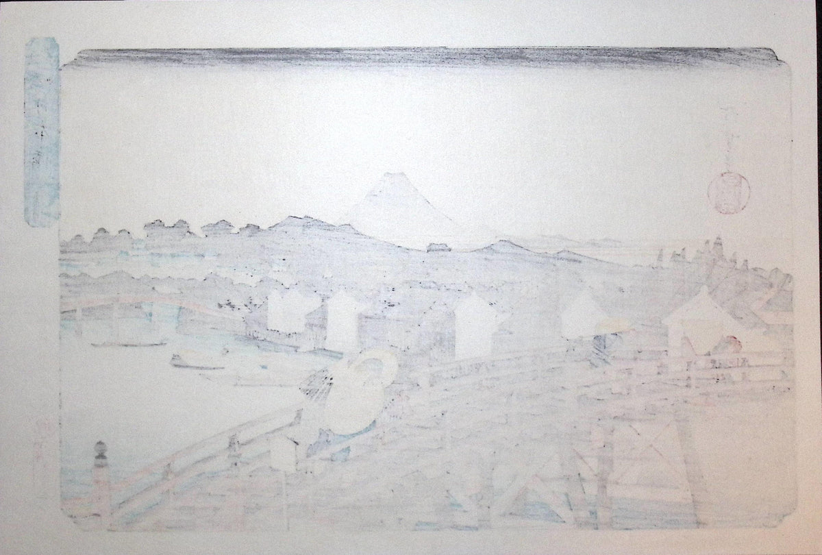 Japanese Ukiyo-e, woodblock print, Hiroshige, "Shower on Nihonbashi Bridge"