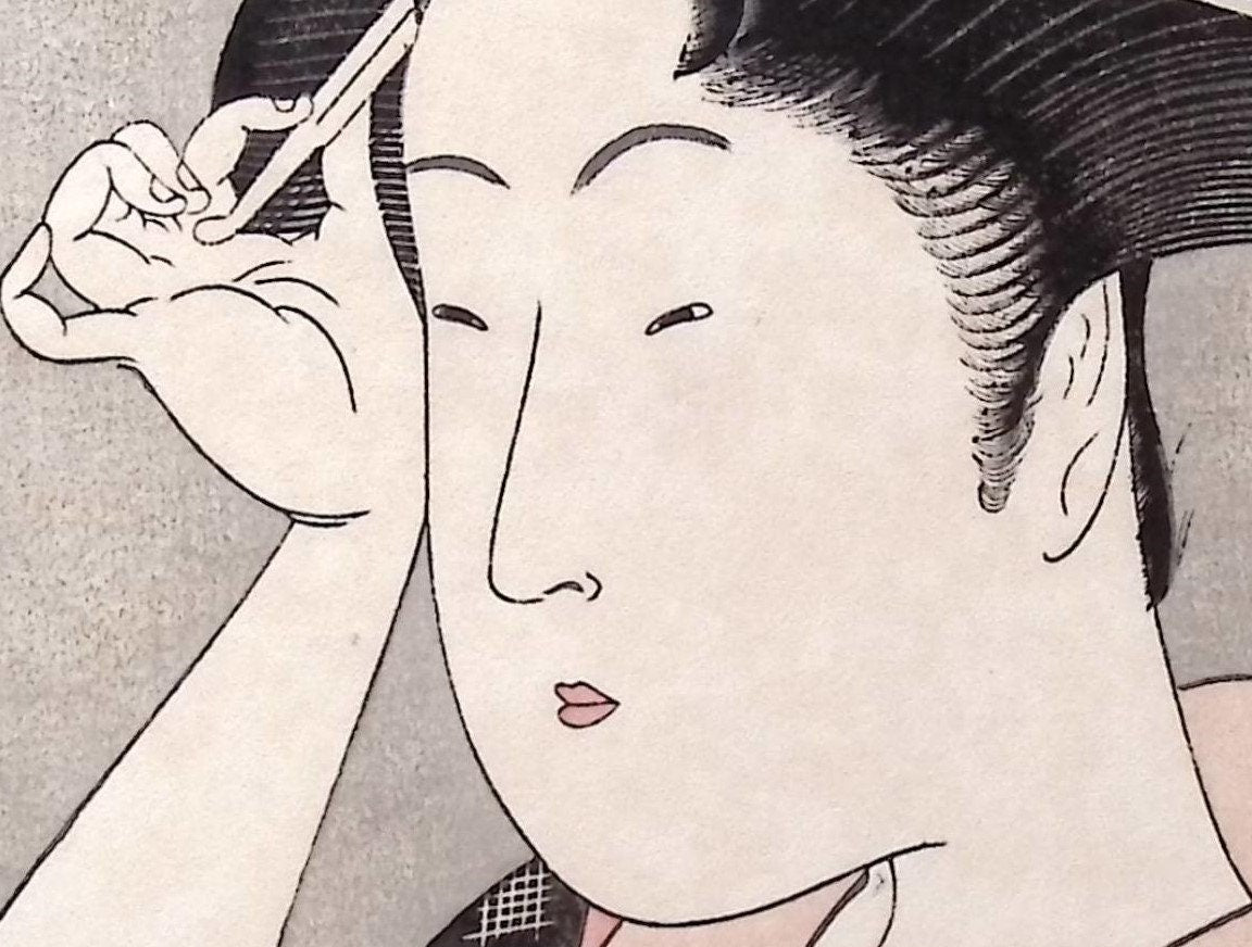 Japanese Ukiyoe, woodcut print, Utamaro, "Woman with an Ornamental Hairpin"