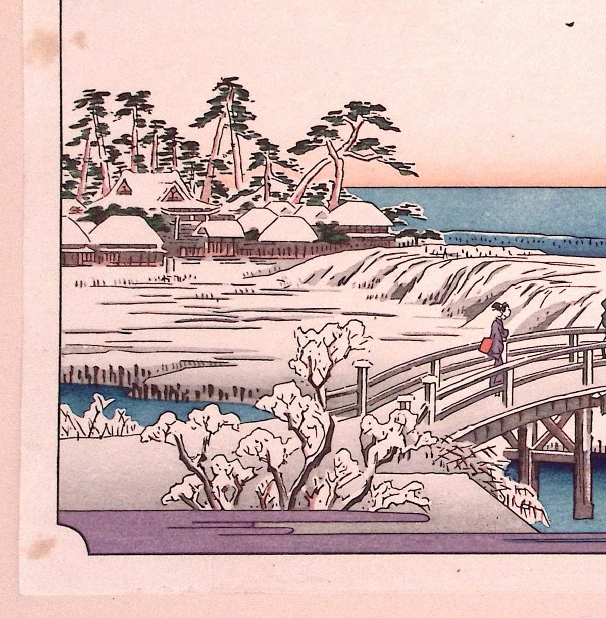 Japanese Ukiyoe, woodcut print, Hiroshige, "Daybreak after a Snowfall at Susaki"
