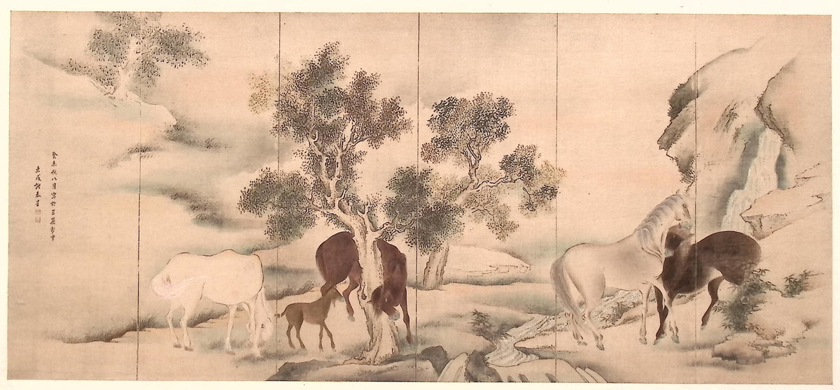 1909, Japanese antique woodblock print, Yosa Buson, "Wild Horses".