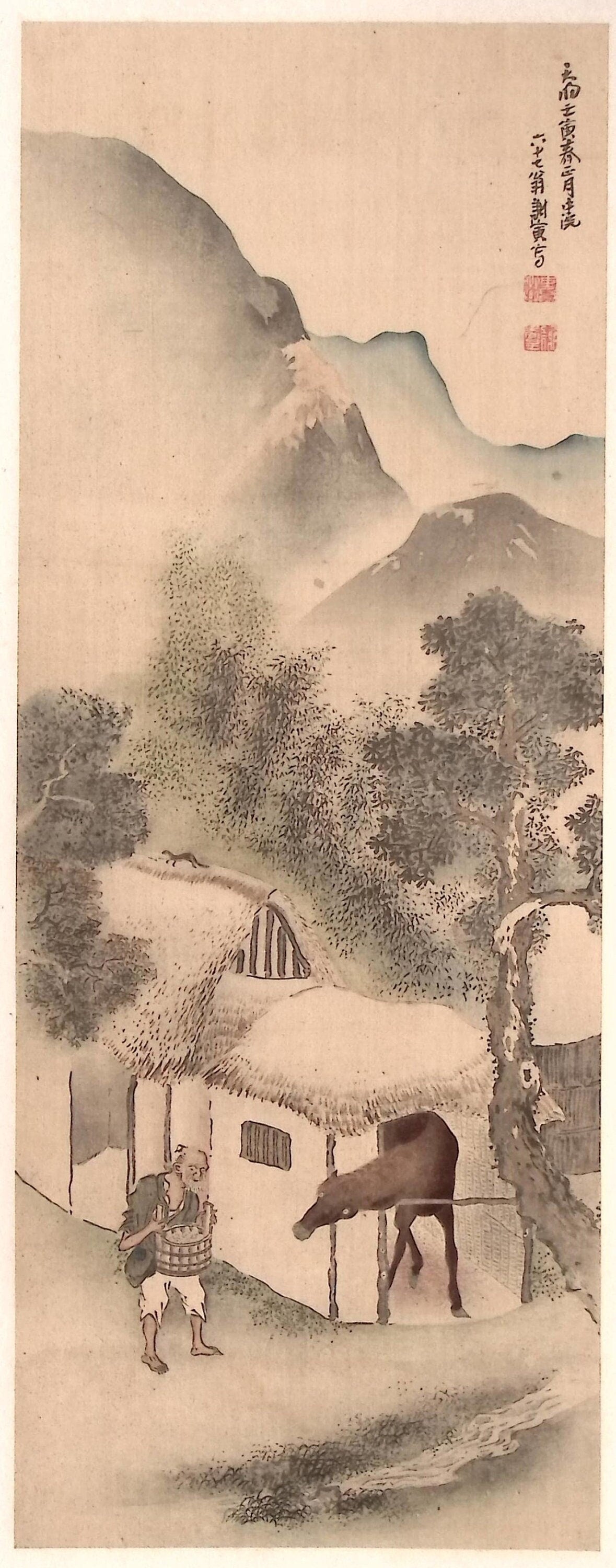1909, Japanese antique woodblock print, Yosa Buson, "農家飼馬図".