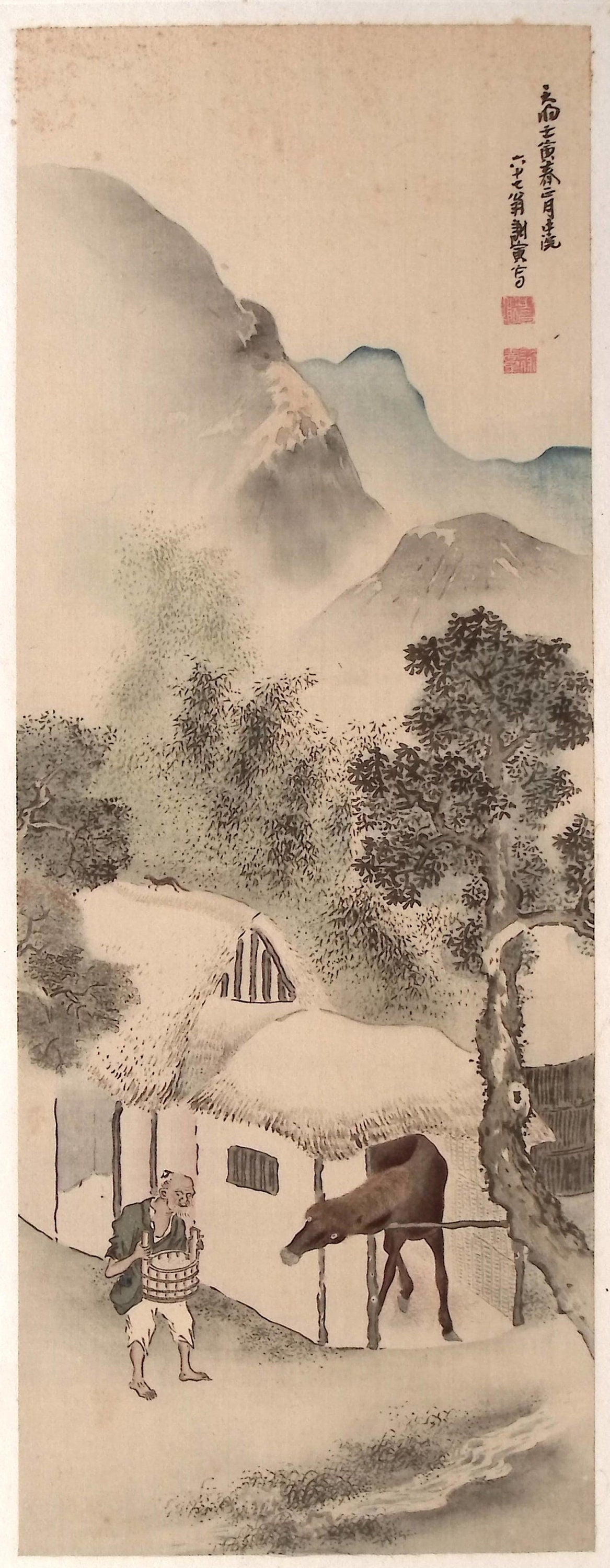 1914, Japanese antique woodblock print, Yosa Buson, "農家飼馬図".