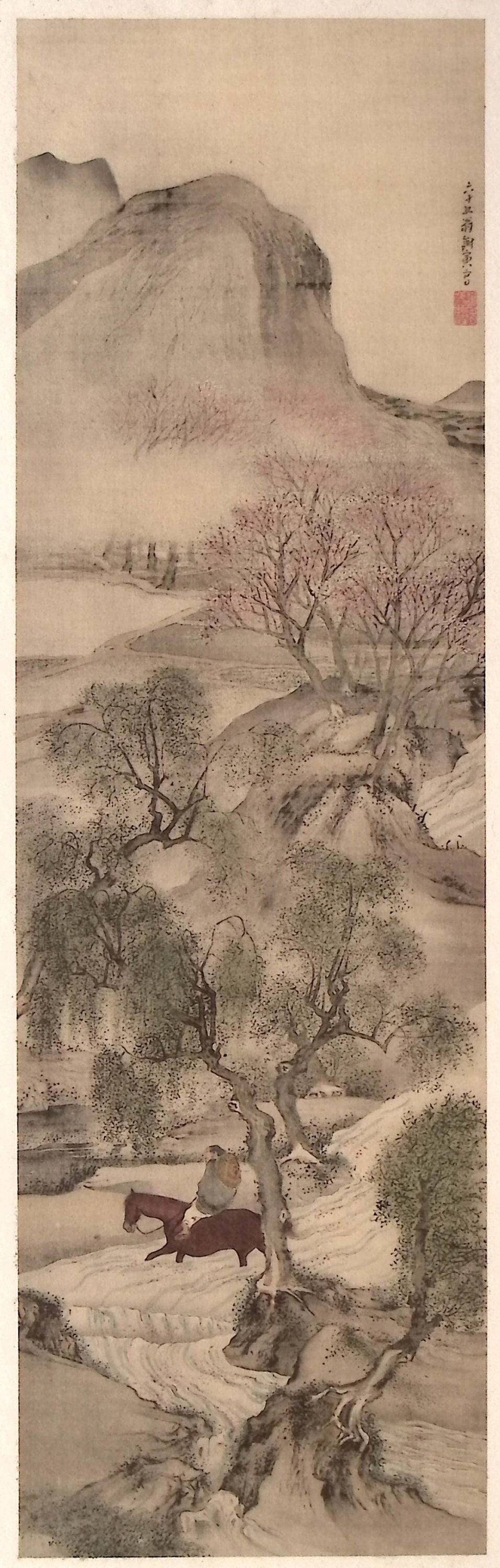 1909, Japanese antique woodblock print, Yosa Buson, "柳渓帰牧図".