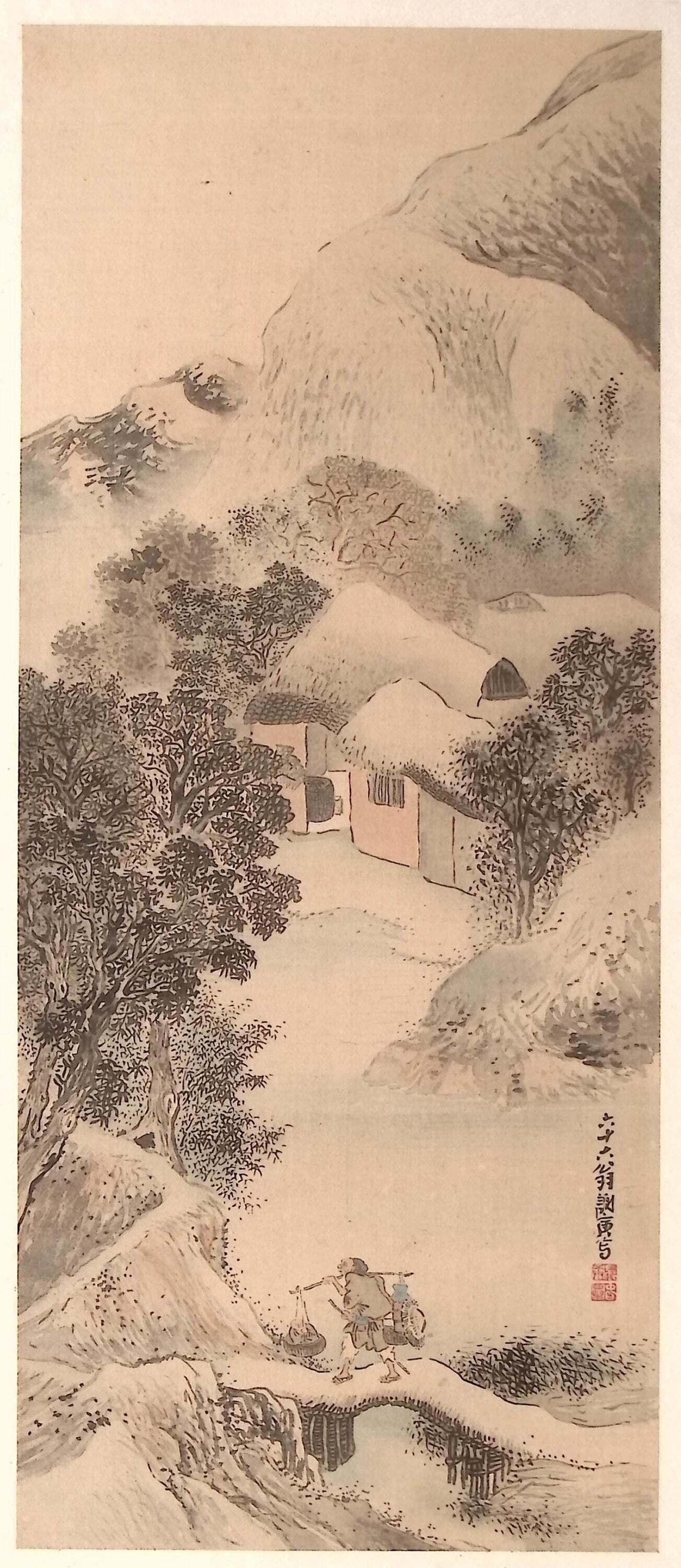 1909, Japanese antique woodblock print, Yosa Buson, "渓村晩露、秋林伐木図双福".