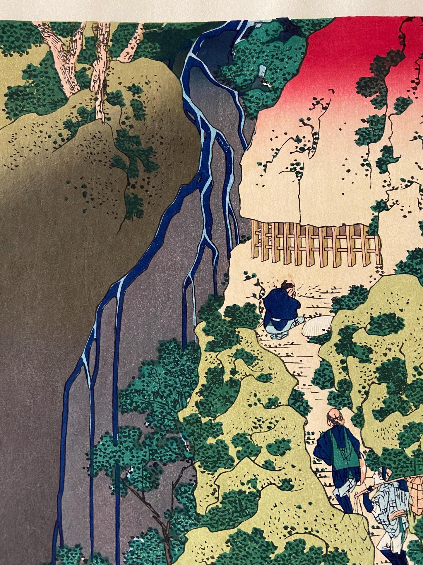 Japanese Ukiyo-e, Woodcut print, Katsushika Hokusai, "The Kannon of the Pure Waterfall at Sakanoshita on the Tôkaidô Road"