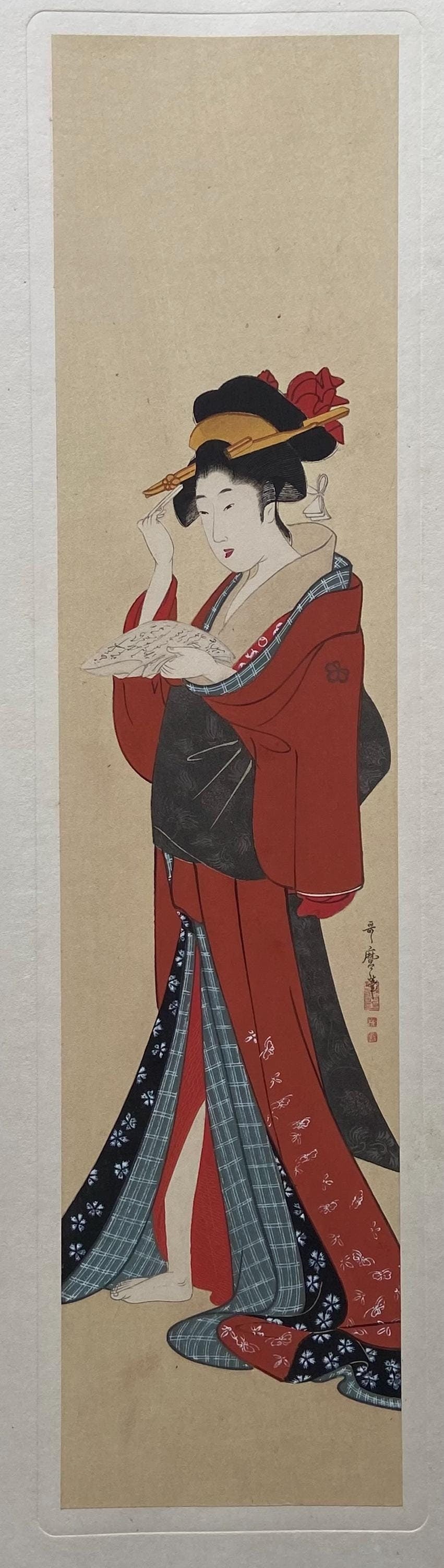 Japanese antique Ukiyoe, woodcut print, 1906, Japanese antique woodblock print, Kitagawa Utamaro, from Ukiyoe-ha-gashu.