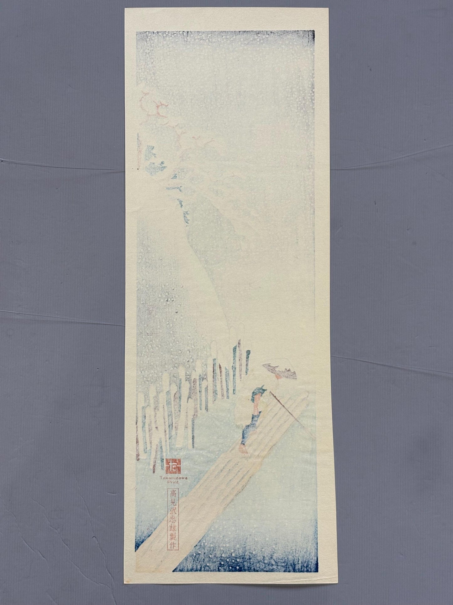 Japanese Ukiyoe, Woodblock print, Hiroshige, "Snow on the Sumida River"