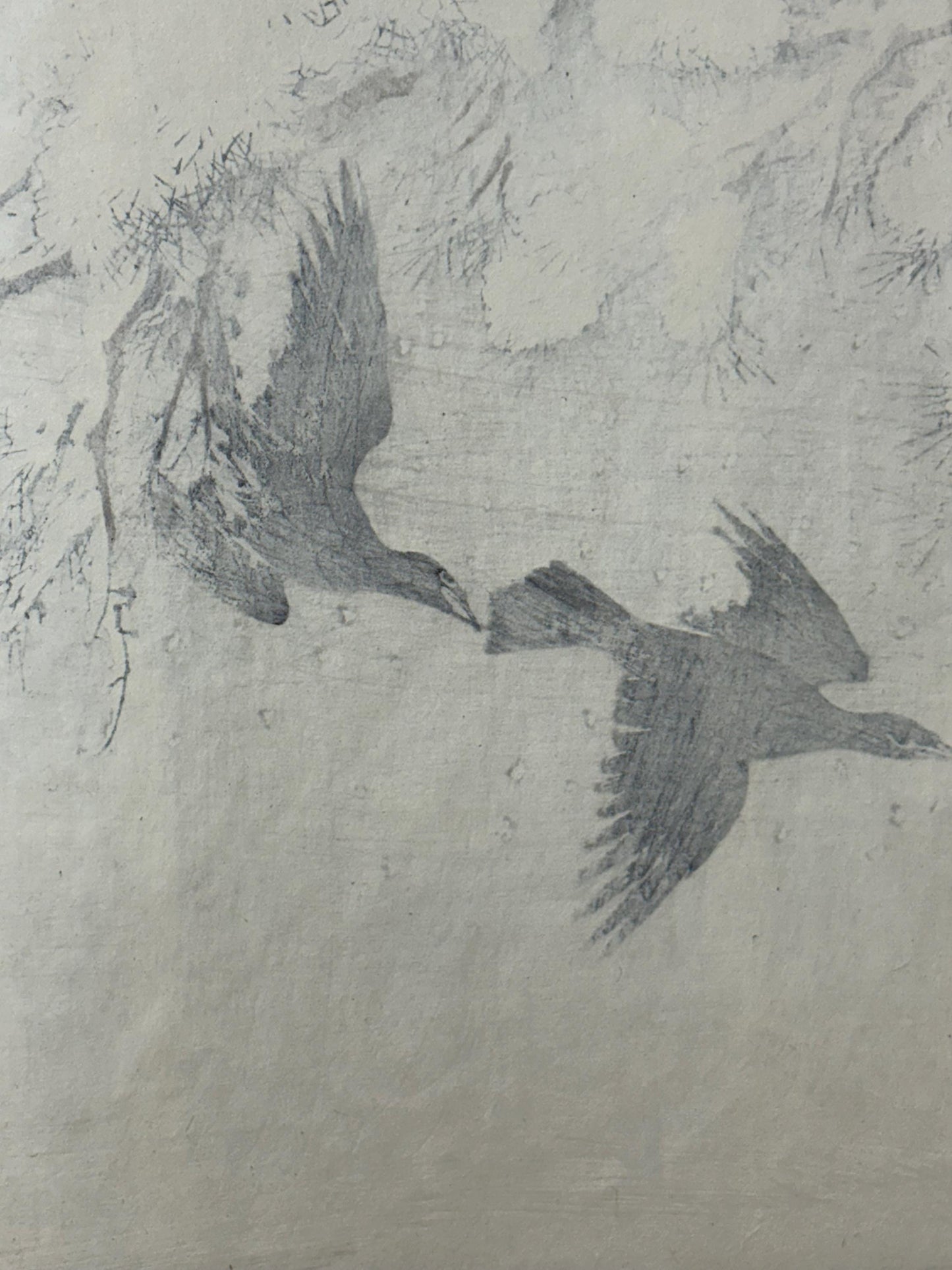 Japanse antique woodcut print, 1892, Imao Keinen, "Pine, Crow"