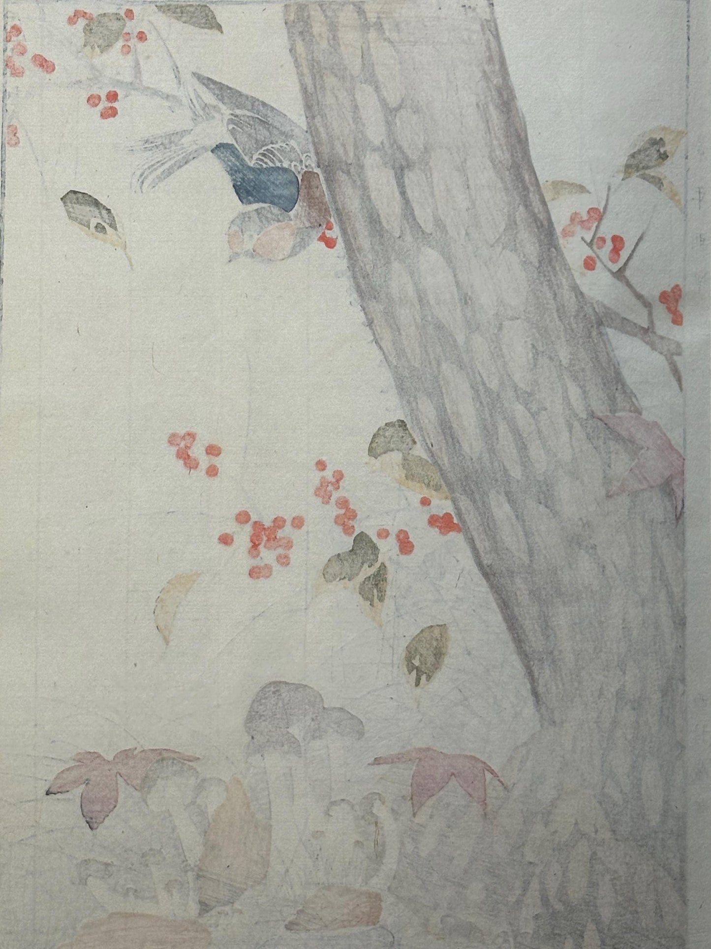 Japanese antique woodcut print, 1892, Imao Keinen, "Japanese winterberry, Stinking dapperling, Varied tit"