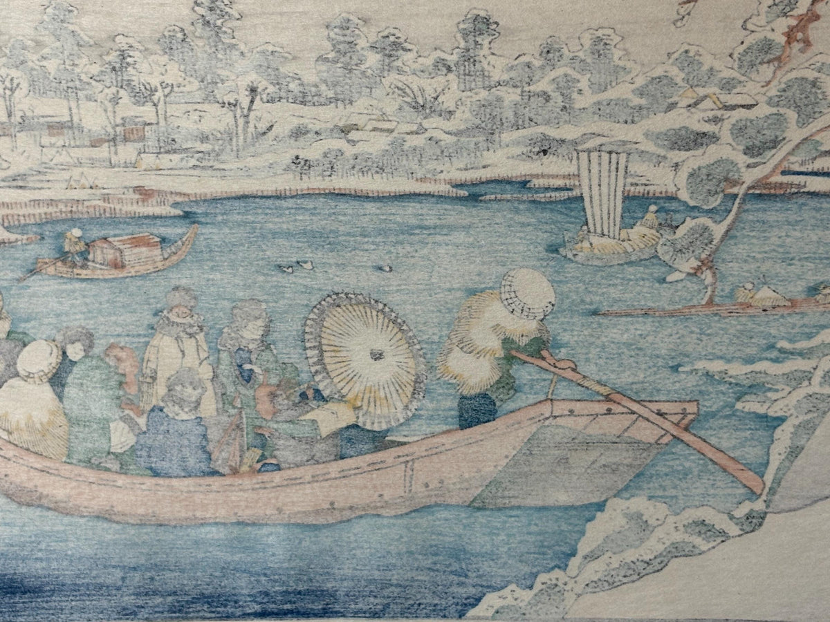 Japanese Ukiyo-e Woodblock print, Eisen, "Snow sight of Sumida river in Edo"
