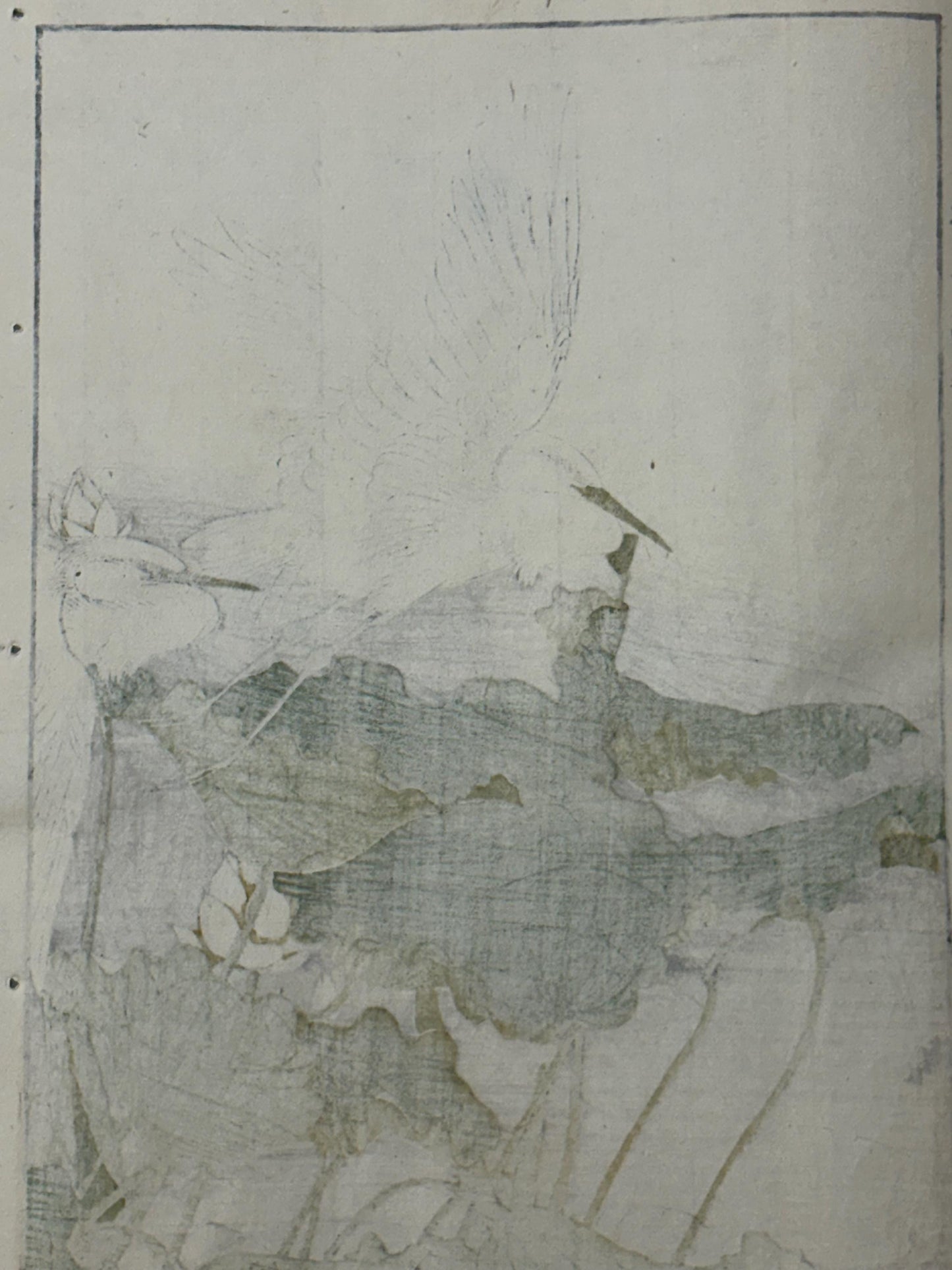 Japanese antique woodcut print, 1892, Imao Keinen, "Lotus flower, Egret"