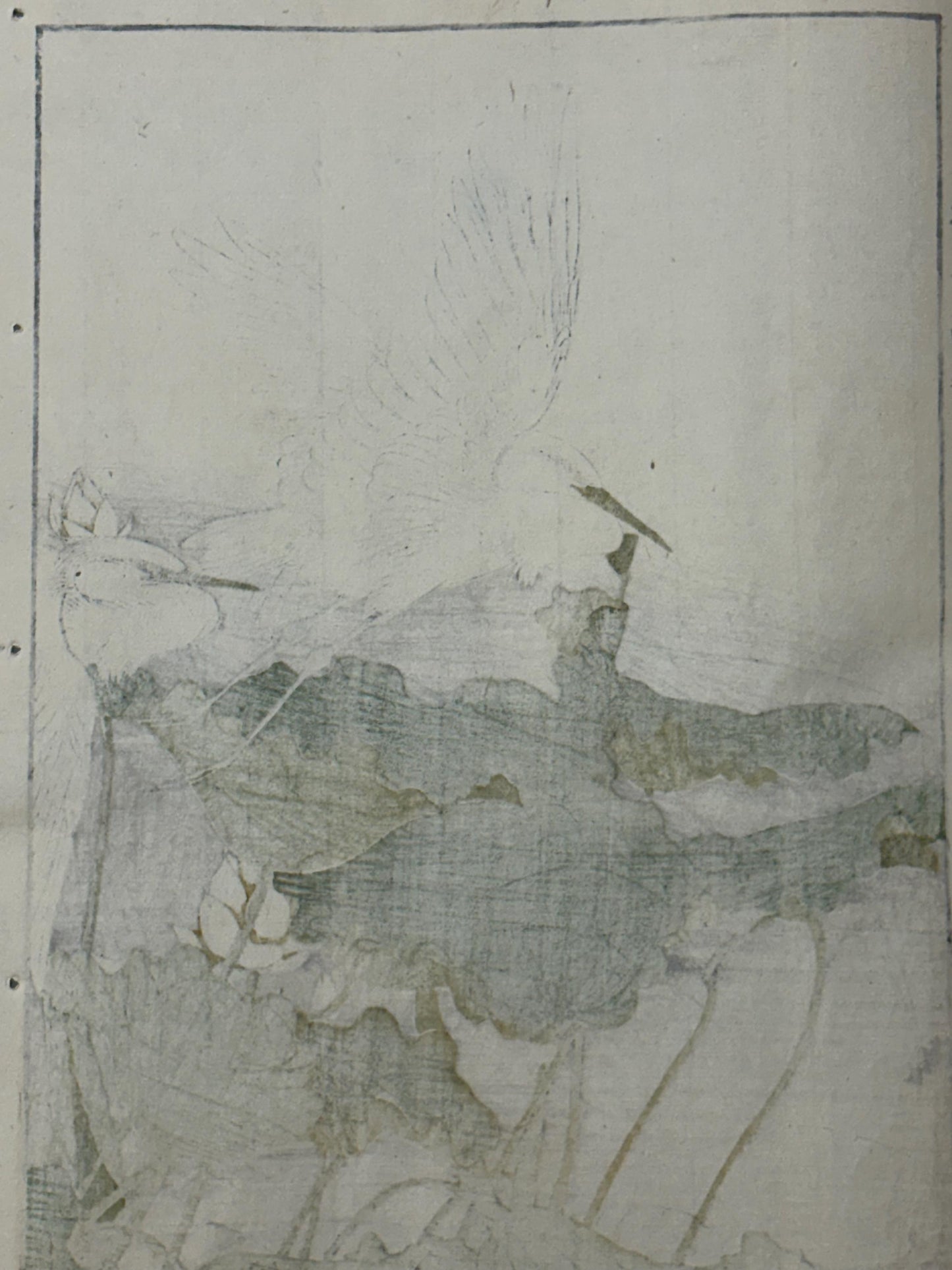 Japanese antique woodcut print, 1892, Imao Keinen, "Lotus flower, Egret"