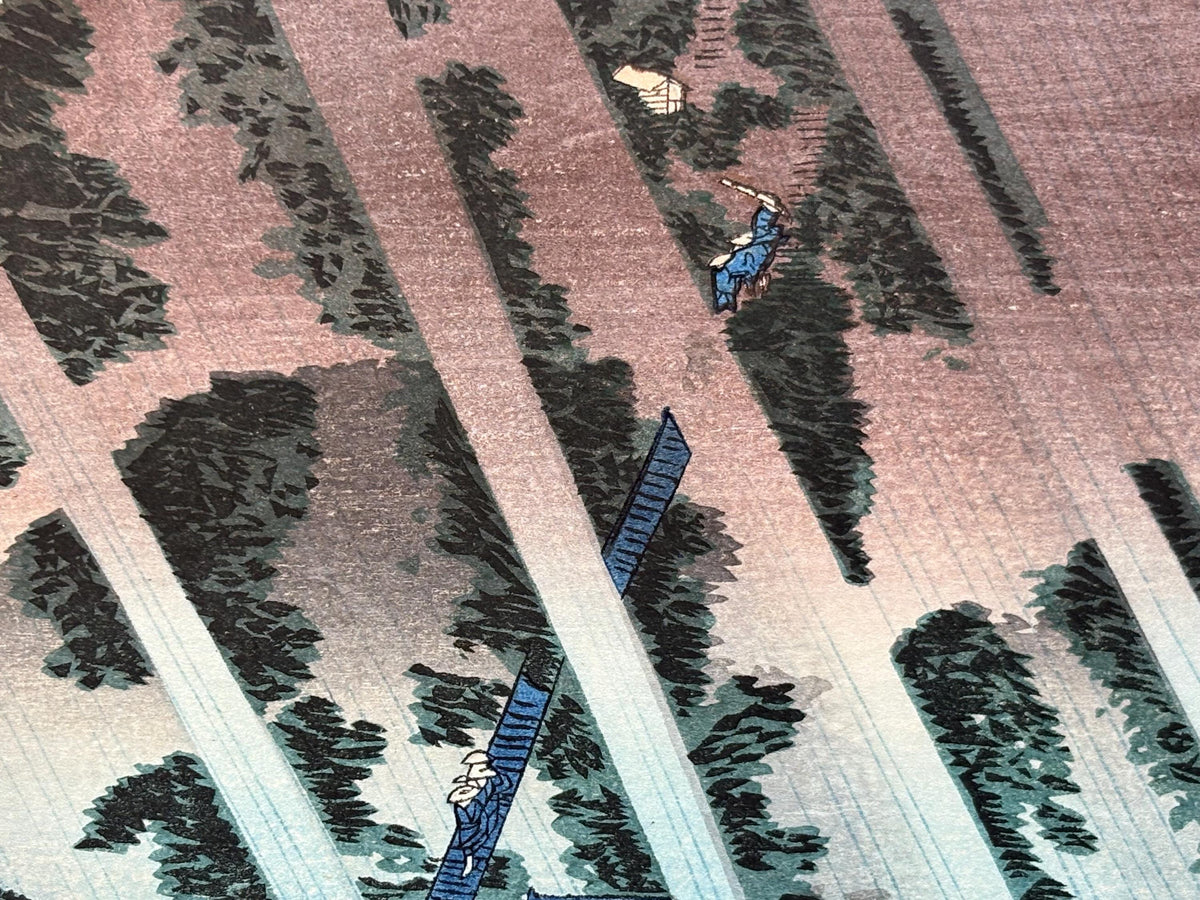 Japanese Ukiyoe, woodcut print, Utagawa Toyokuni 2 (Toyoshige), "Night rain Oyama" from the set "Meishô Hakkei"