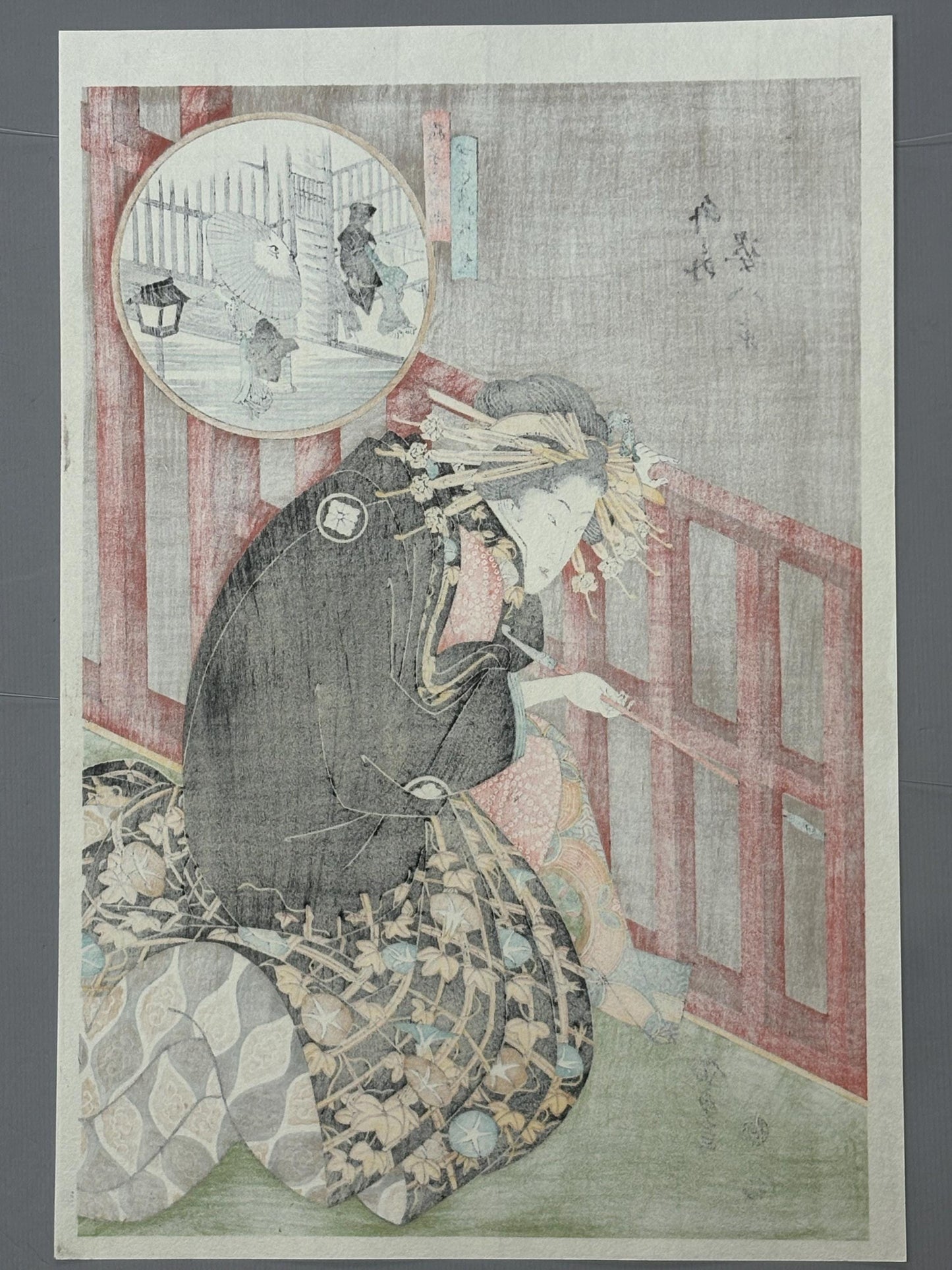 Japanese Ukiyoe, Woodblock print, Keisai Eisen, "Night Rain, Clearing Weather of the Lattice ".