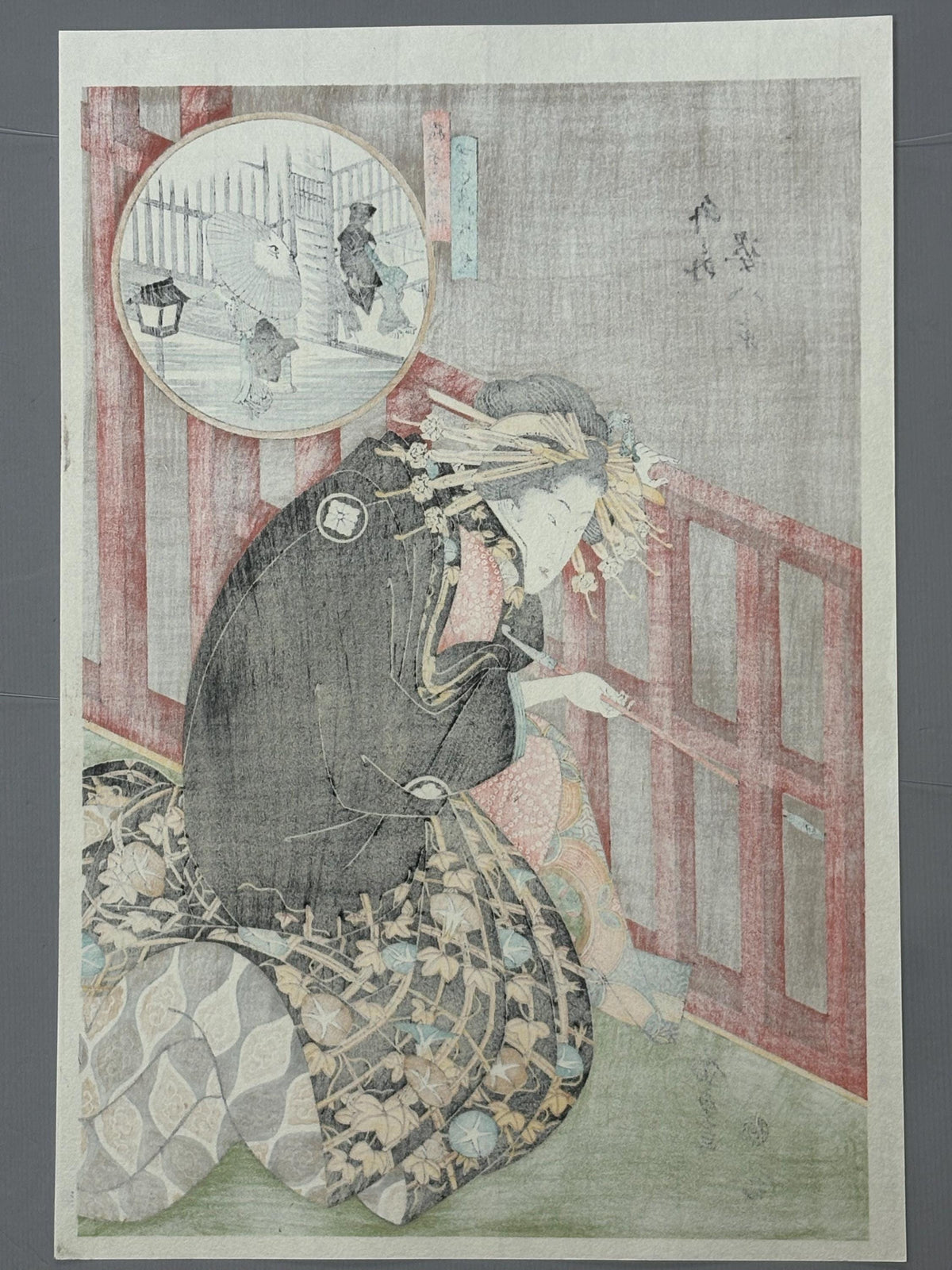 Japanese Ukiyoe, Woodblock print, Keisai Eisen, "Night Rain, Clearing Weather of the Lattice ".
