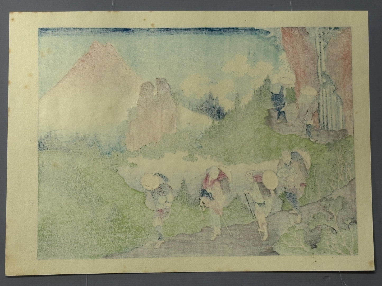 Japanese Ukiyo-e Woodblock print, Katsushika Hokusai, "Mt. Fuji seen from a mountain-path near Taisekiji"