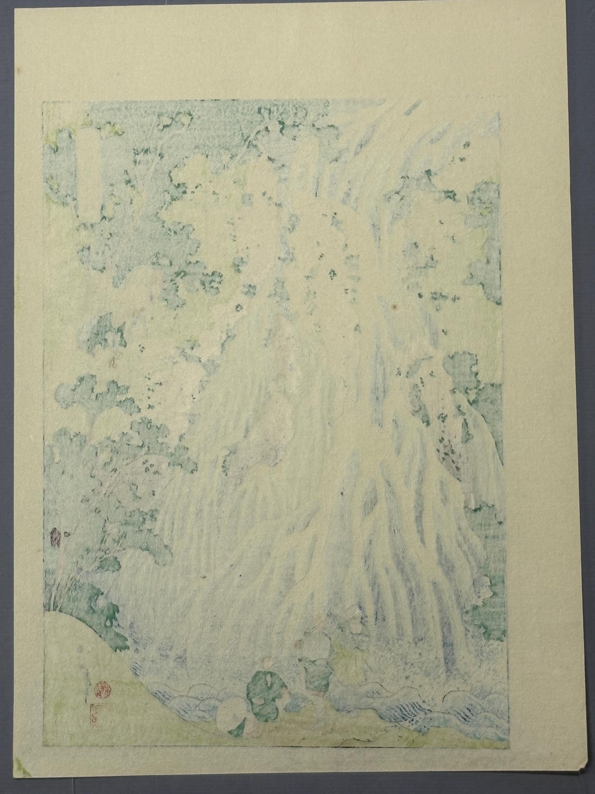 Japanese Ukiyo-e Woodblock print, Hokusai, "The Falling Mist Waterfall at Mount Kurokami in Shimotsuke Province"