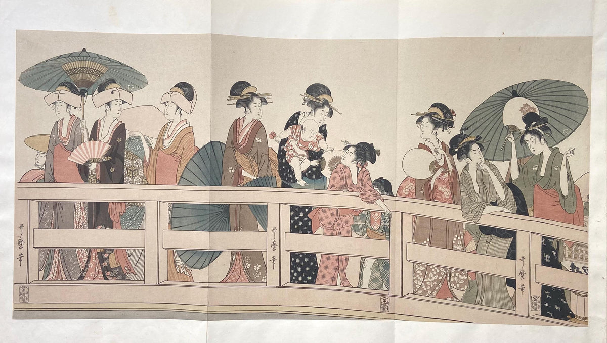 Ukiyoe-ha-gashu, 1906, Japanese antique woodblock print, Kitagawa Utamaro, "On Top of and beneath Ryôgoku Bridge"