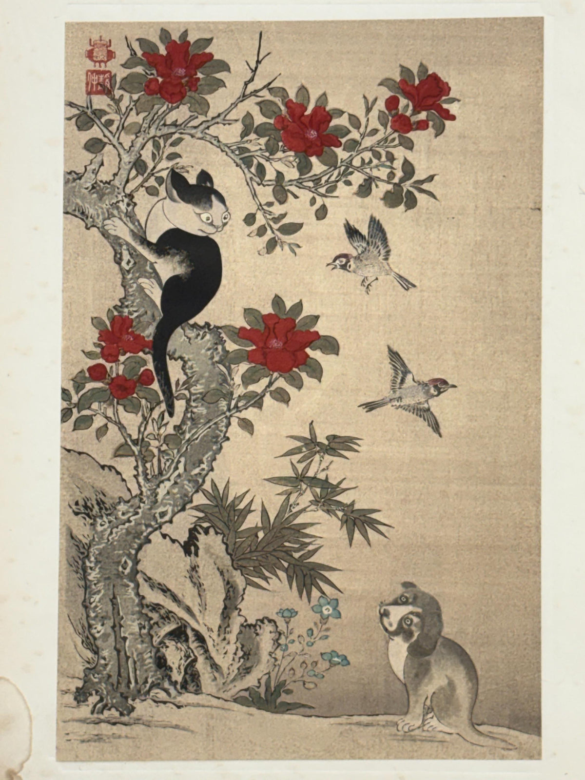 1923, Japanese vintage Woodblock print, Wan Shan Chin Chung "Red Flowers"