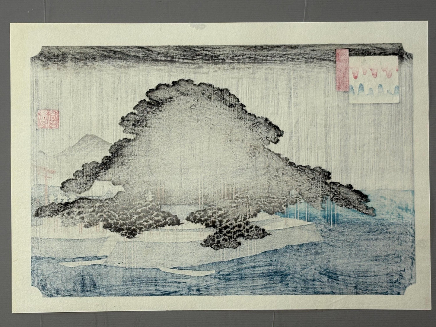 Japanese Ukiyoe, Woodblock print, Hiroshige, "Night Rain at Karasaki"
