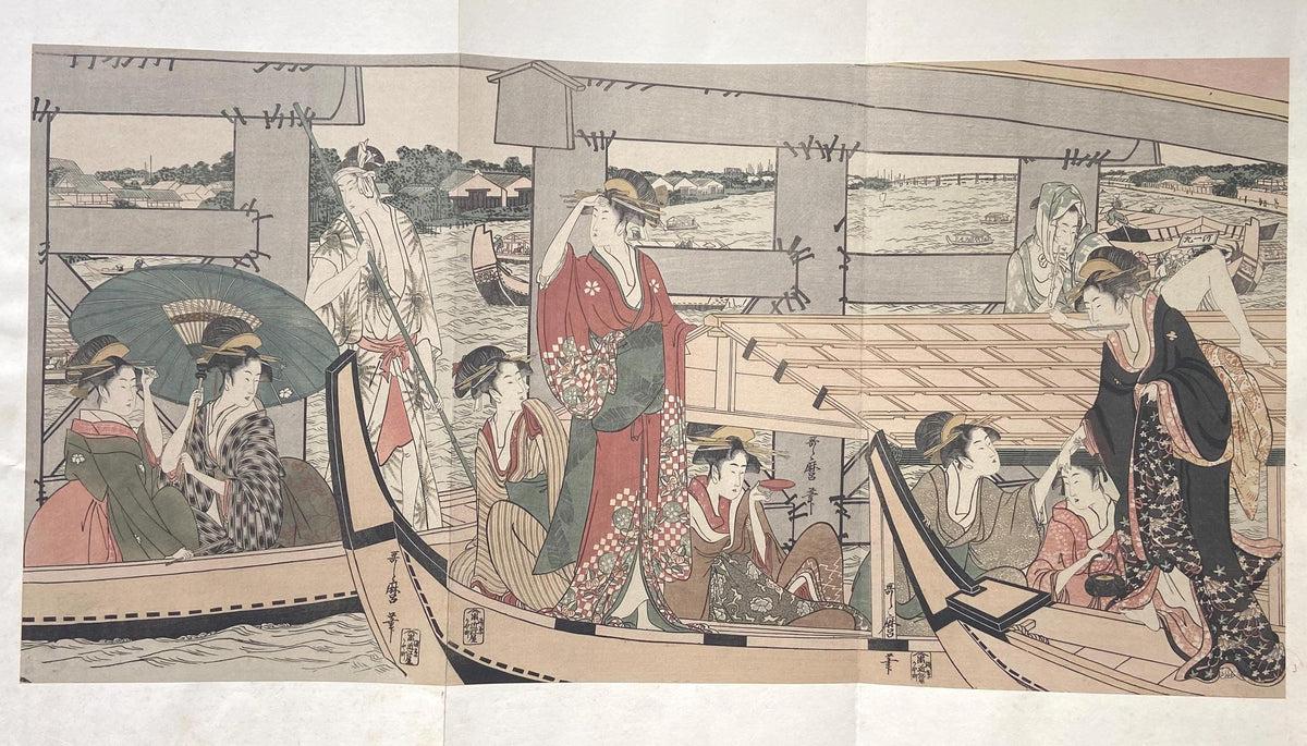 Ukiyoe-ha-gashu, 1906, Japanese antique woodblock print, Kitagawa Utamaro, "On Top of and beneath Ryôgoku Bridge"