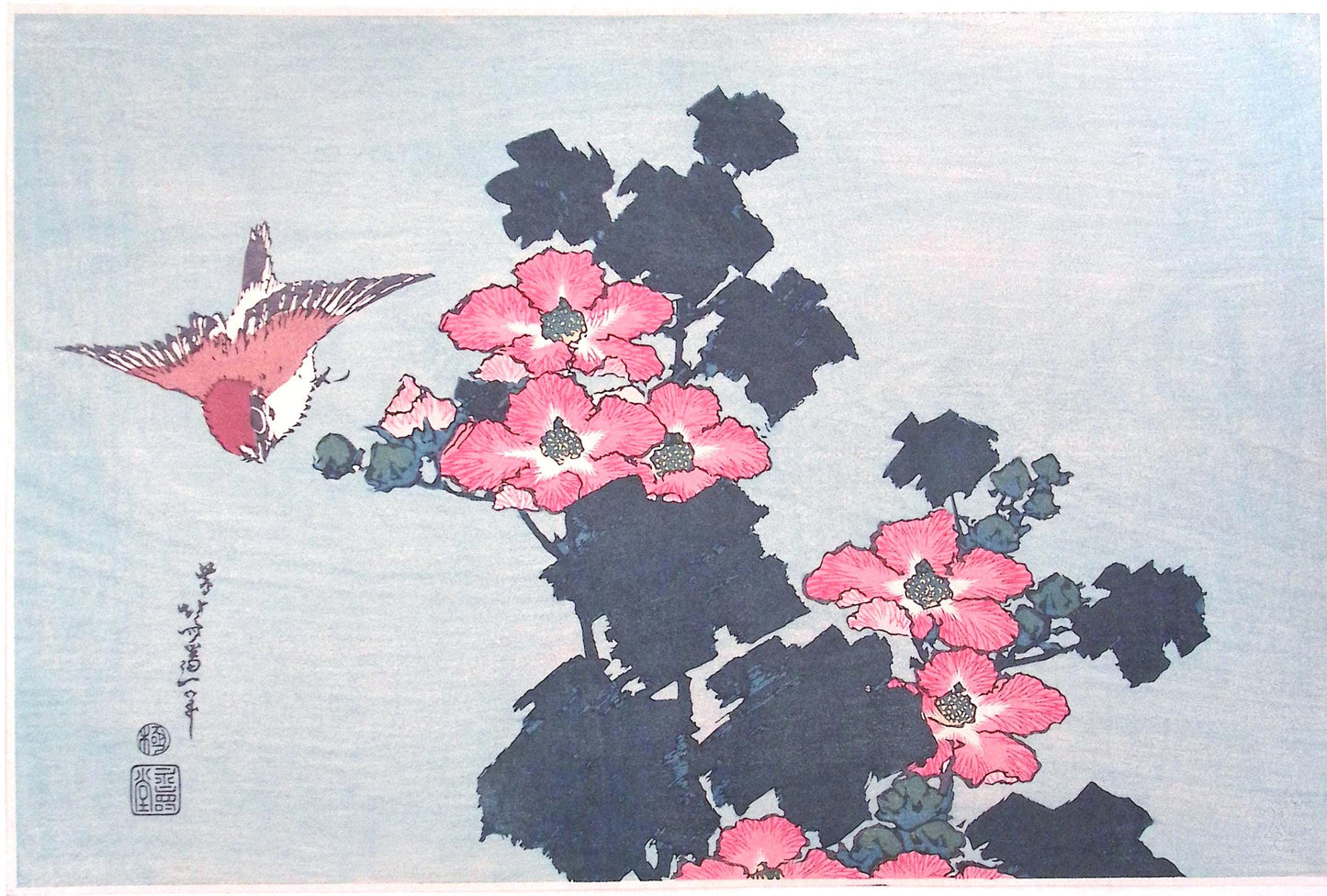 Japanese Ukiyo-e, Woodcut print, Katsushika Hokusai, "Hibiscus and Sparrow"
