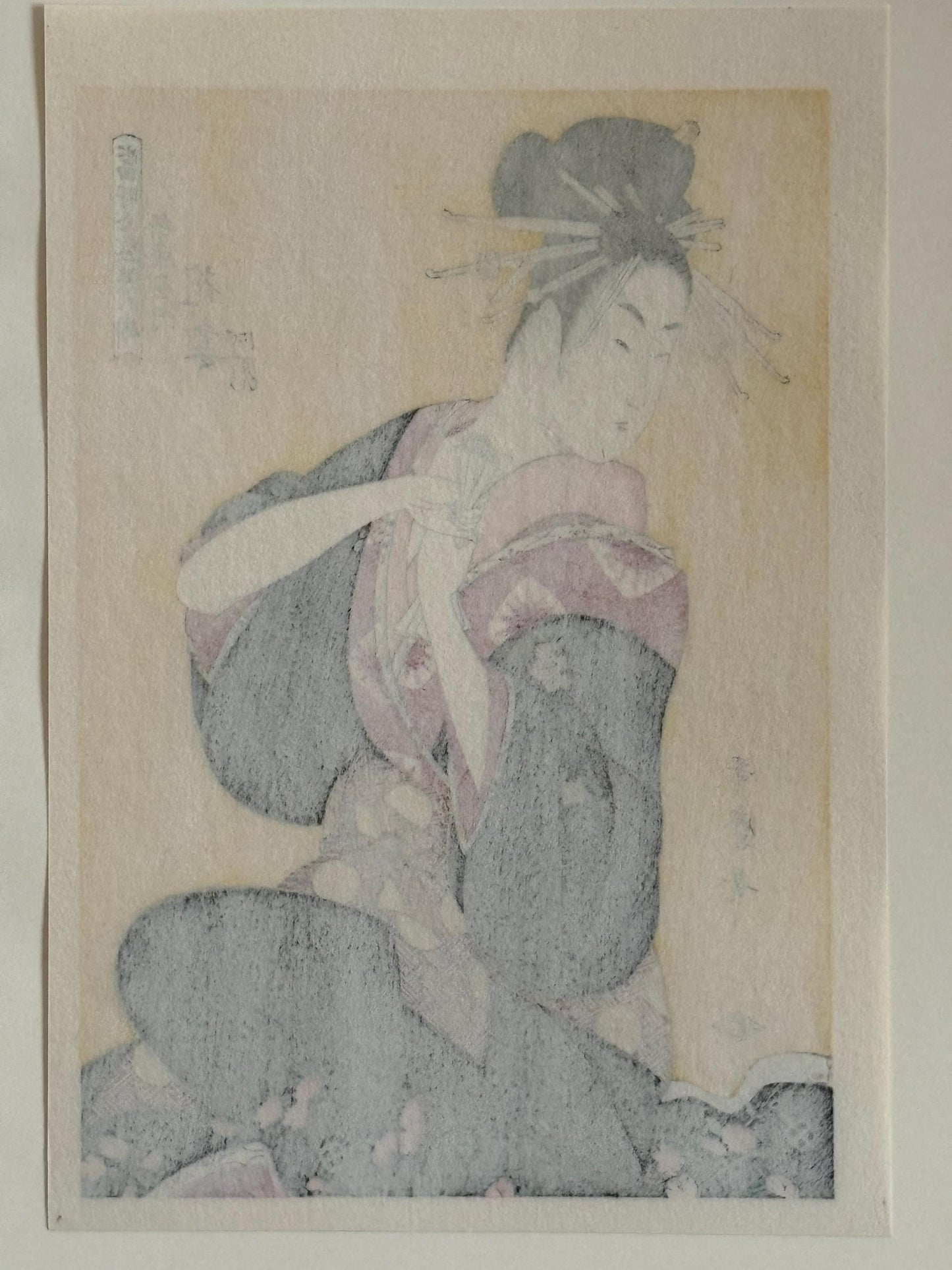Japanese Ukiyoe, woodcut print, Utamaro, "Hanazuma of the Hyôgoya, kamuro Sakura and Nioi"