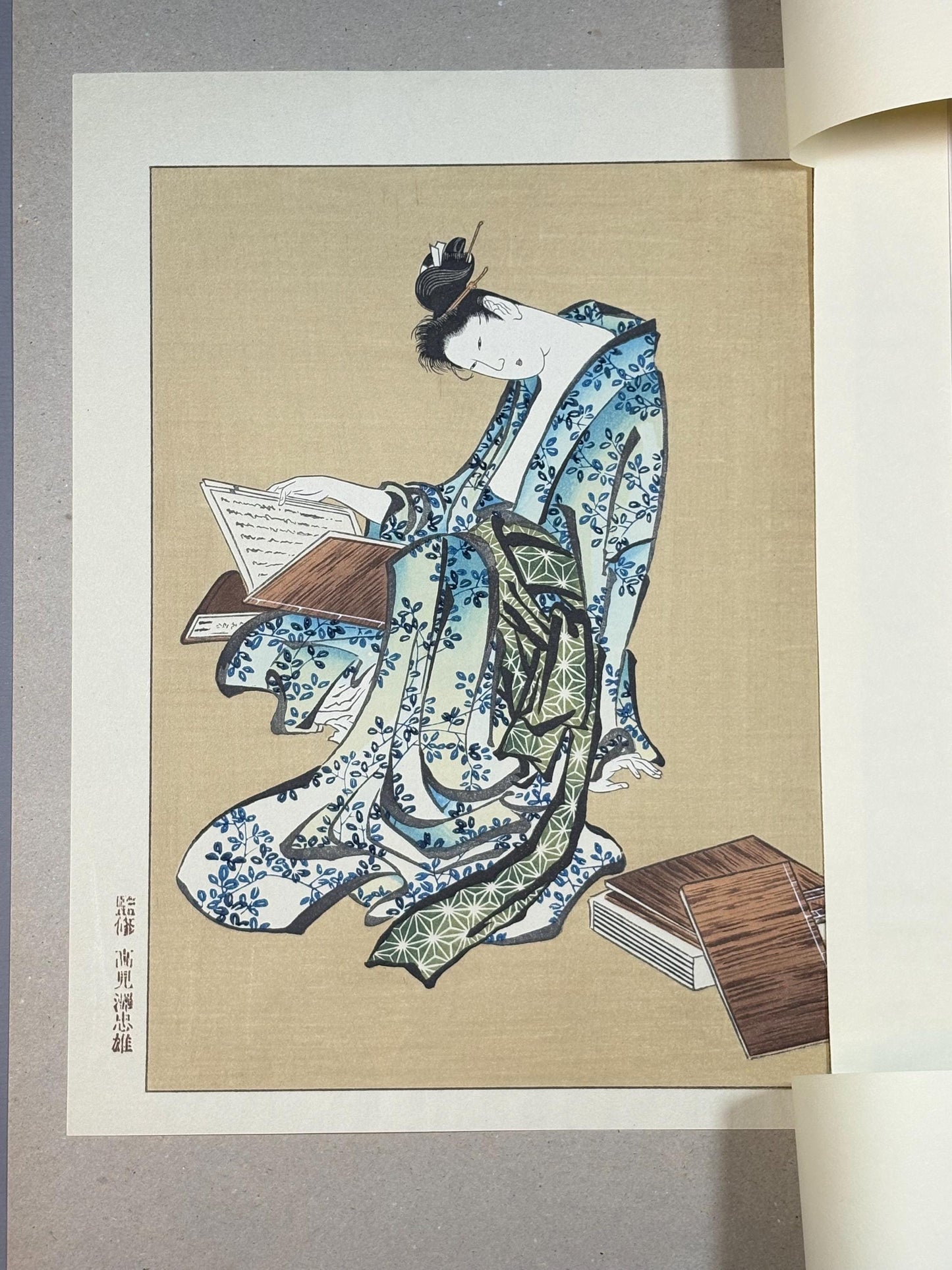 Japanese Ukiyoe, Woodblock print, Hokusai, "A book-reading ripe beauty"