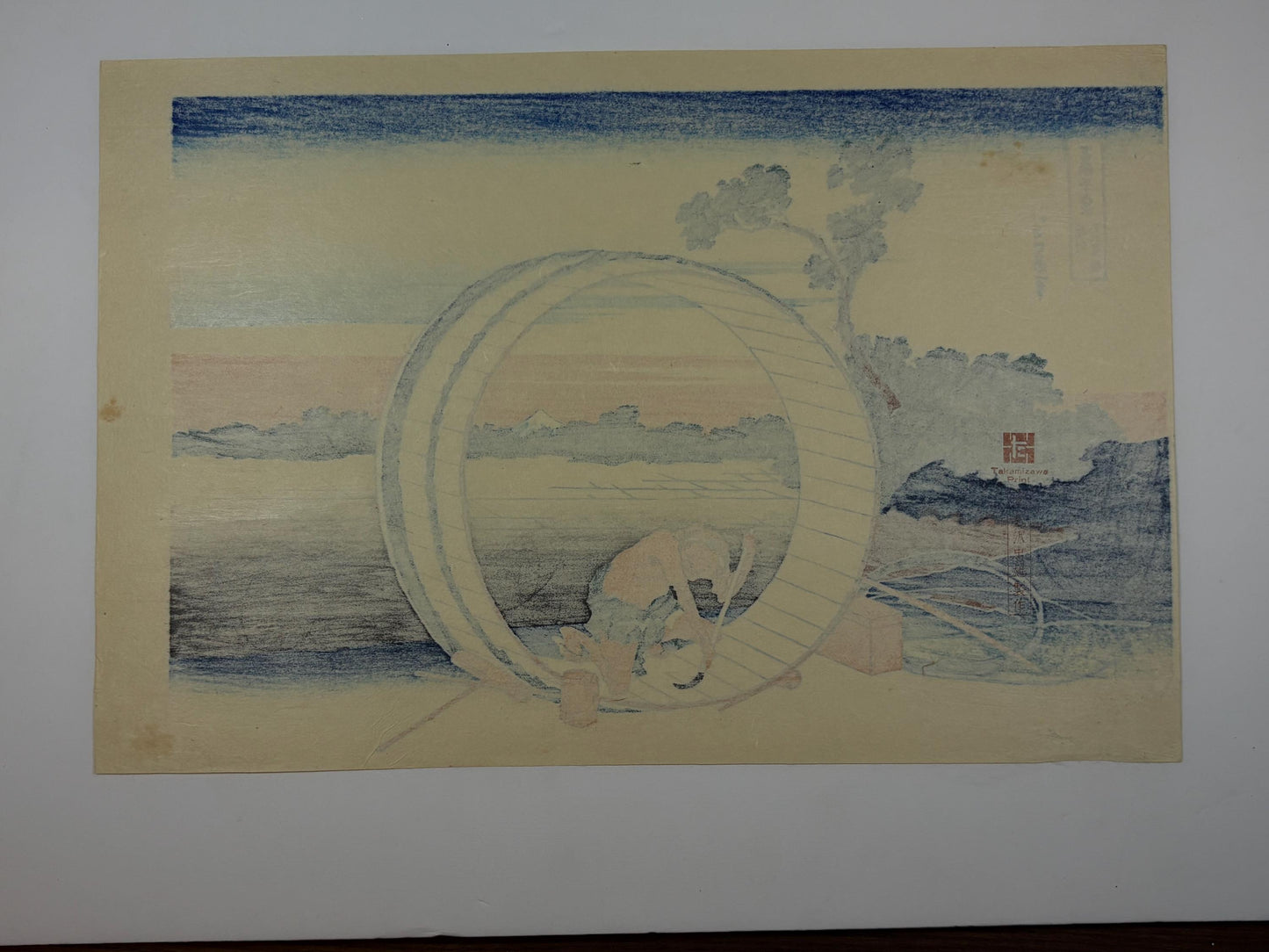 Japanese Ukiyo-e, Woodcut print, Hokusai, "Fuji View Field in Owari Province"