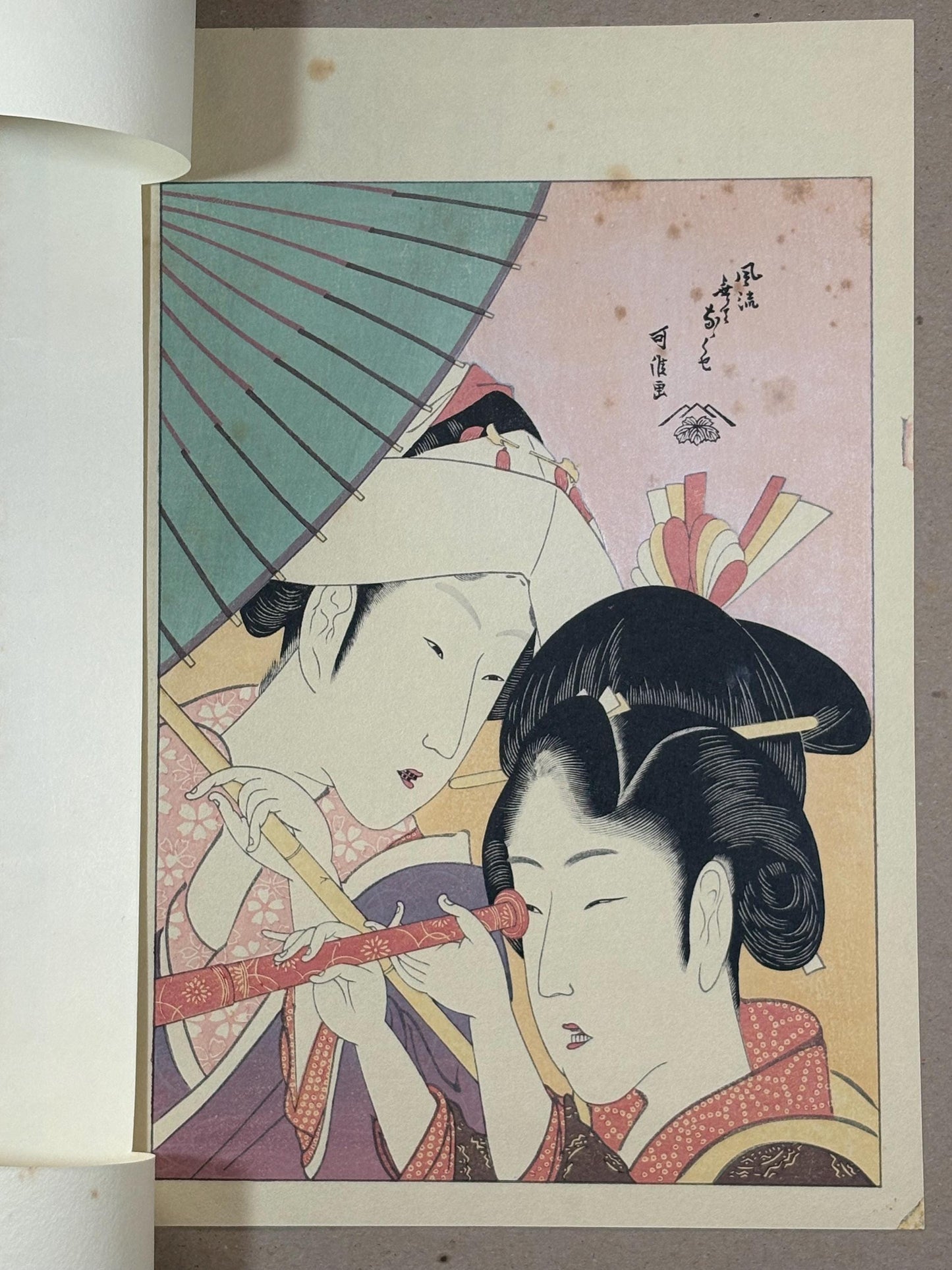 Japanese Ukiyo-e Woodblock print, Hokusai, "A court lady and a young woman"