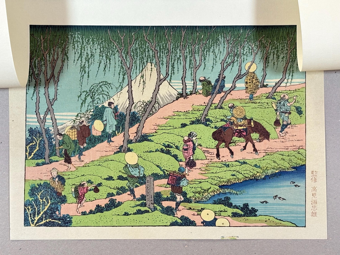 Japanese Ukiyoe, Woodblock print, Hokusai, "Mt.fuji seen from willows bank"