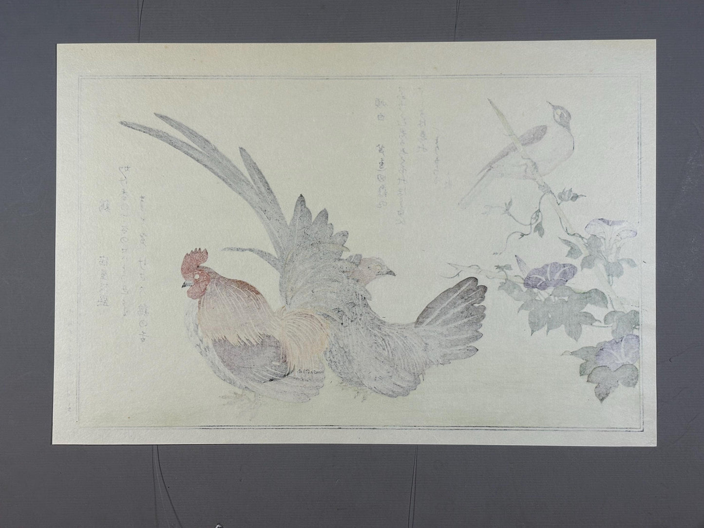 Japanese Ukiyo-e, woodblock print, Utamaro , "Rooster and Meadow Bunting"