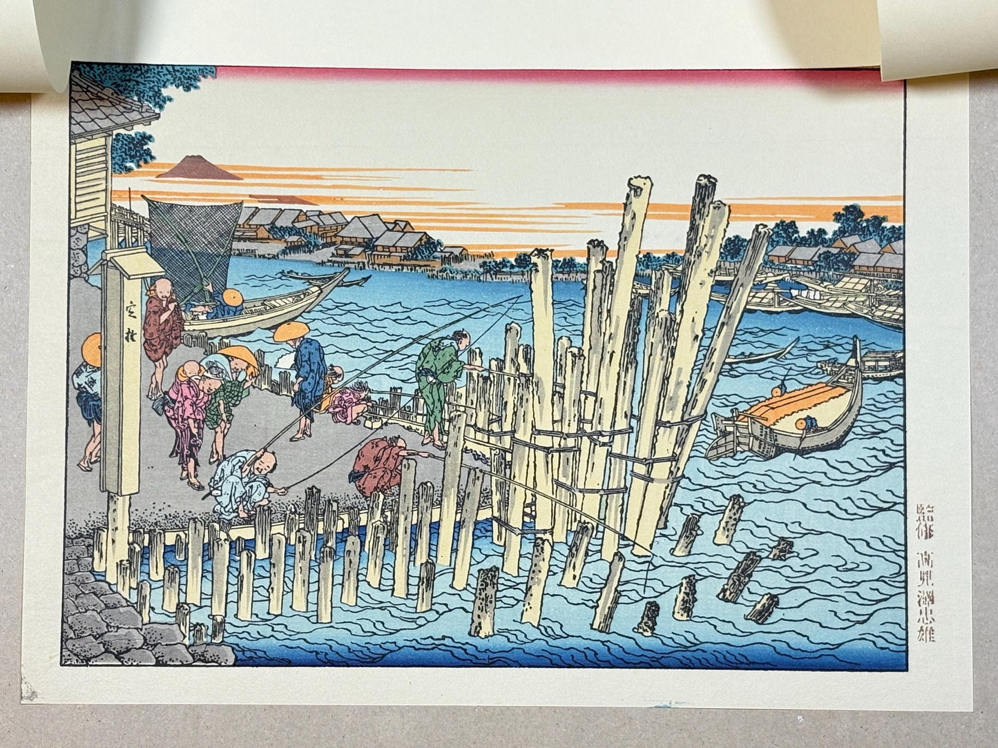 Japanese Ukiyoe, Woodblock print, Hokusai, "Scenery at Shimada on the bank of Sumida river"