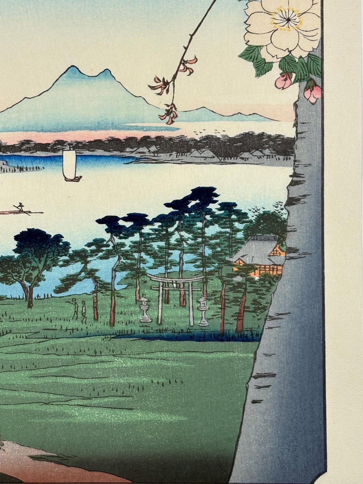 Japanese Ukiyoe, woodblock print, Hiroshige, "Suijin Shrine and Massaki on the Sumida River, from the series One Hundred Famous Views of Edo