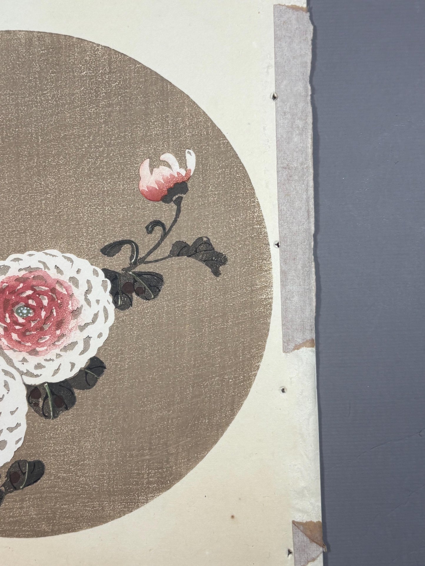 1908, Japanese antique woodblock print, Ito Jakuchu, "Red chrysanthemum, from Jakuchu gafu"