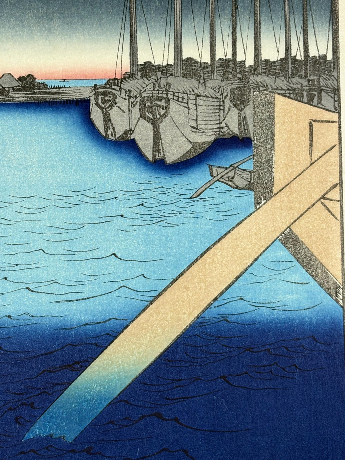 Japanese Ukiyoe, woodblock print, Hiroshige, "Tsukudajima from Eitai Bridge , from the series One Hundred Famous Views of Edo"