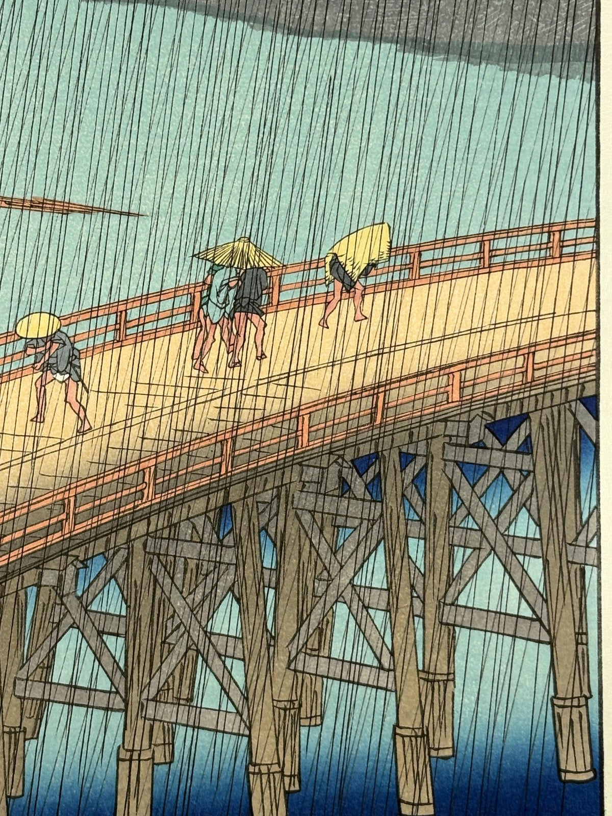 Japanese woodblock print, Hiroshige, "Sudden Shower over Shin-Ôhashi Bridge and Atake , from the series One Hundred Famous Views of Edo"