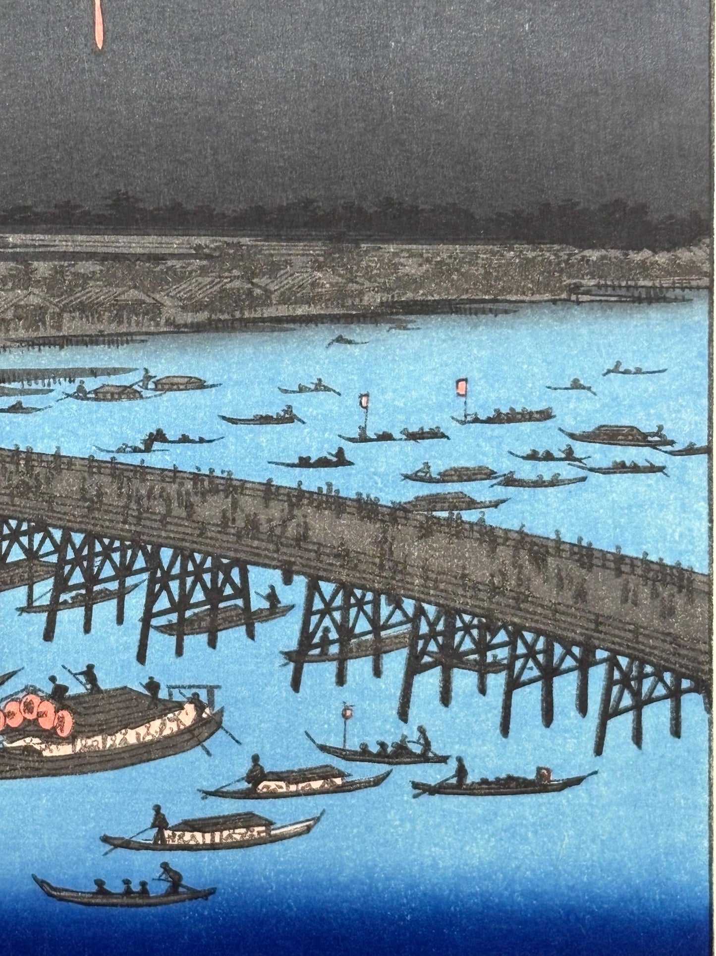 Japanese woodblock print, Hiroshige, "Fireworks at Ryôgoku), from the series One Hundred Famous Views of Edo"