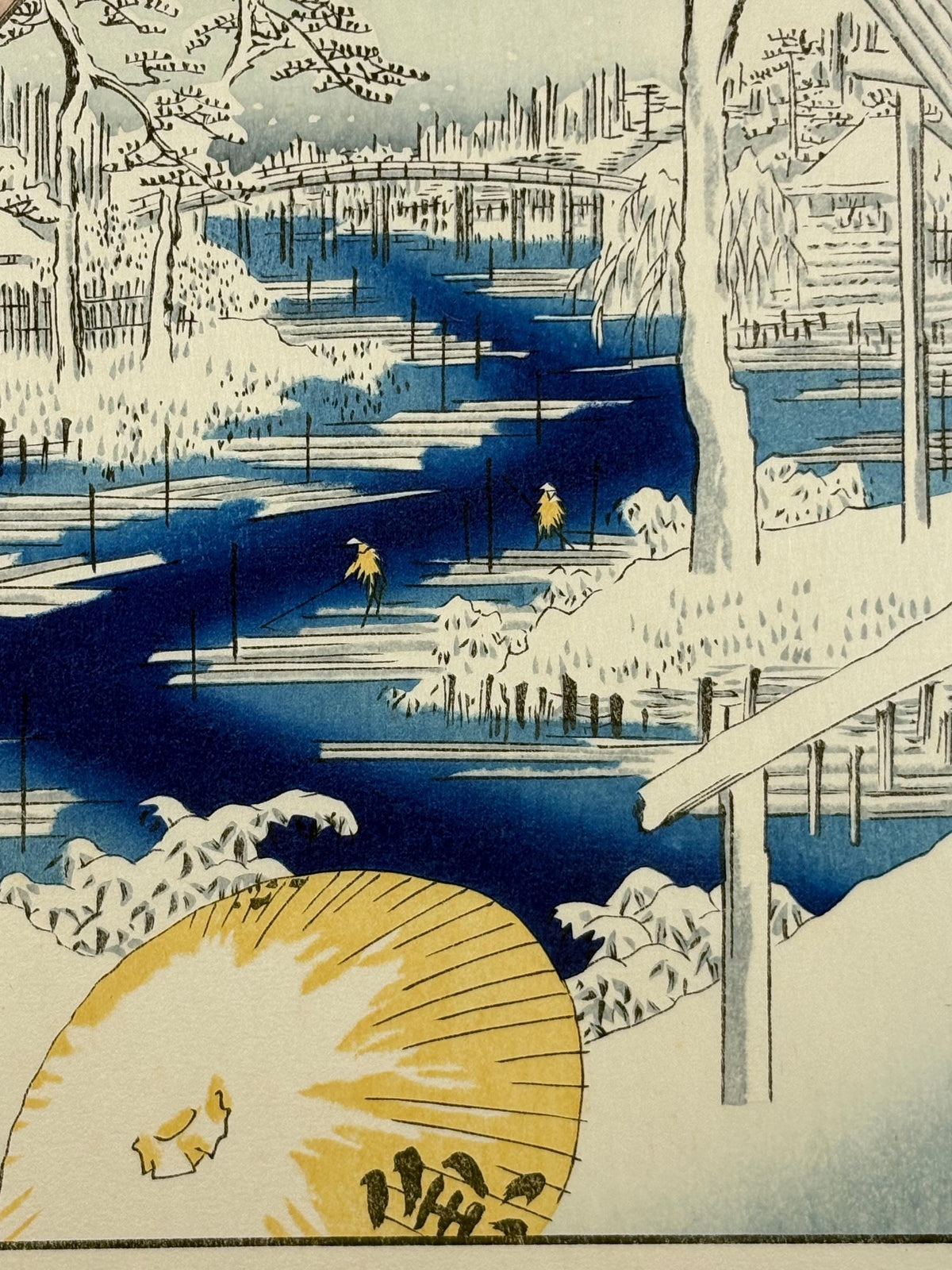Japanese woodblock print, Hiroshige, "Fukagawa Lumberyards, from the series One Hundred Famous Views of Edo"