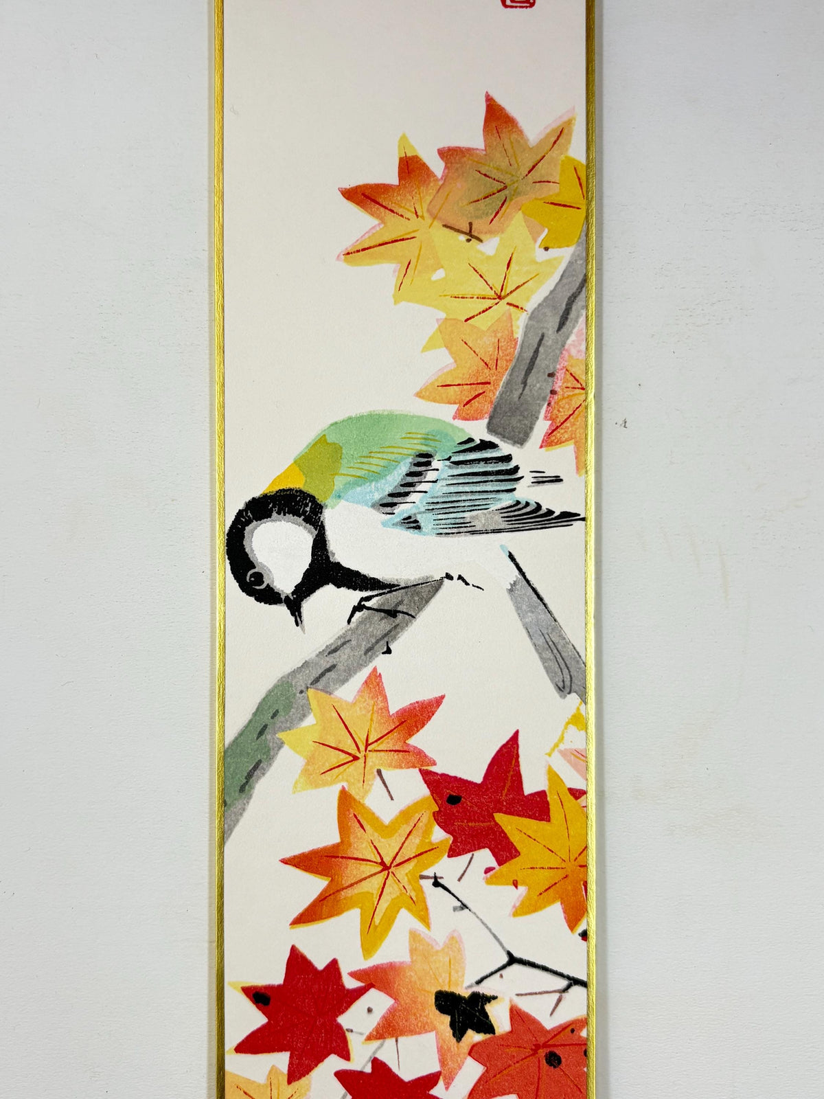 Japanese woodblock print, Fukuda Suiko," Maple and Great tit"