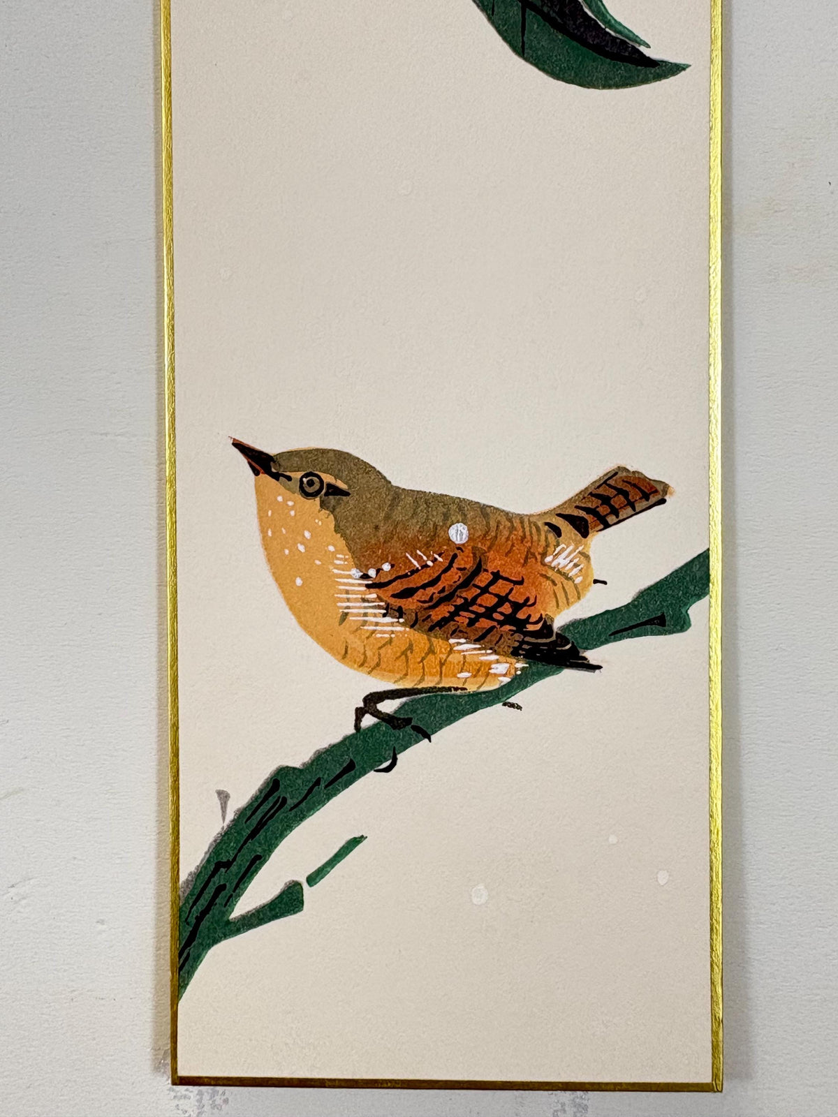 Japanese woodblock print, Fukuda Suiko," Orange and Eurasian Wren"