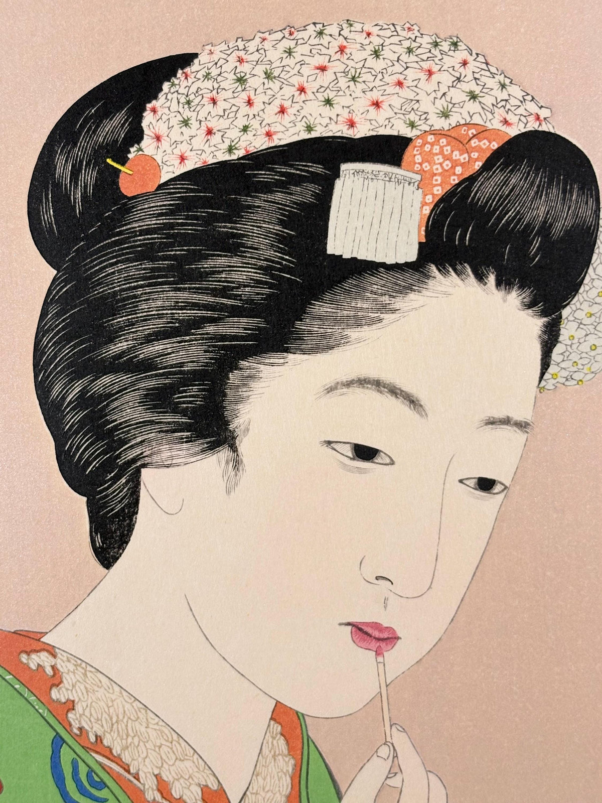 Japanese Ukiyoe, Shin-hanga, Woodblock print, antique, Hashiguchi Goyo, "Lady and Lip Stick"