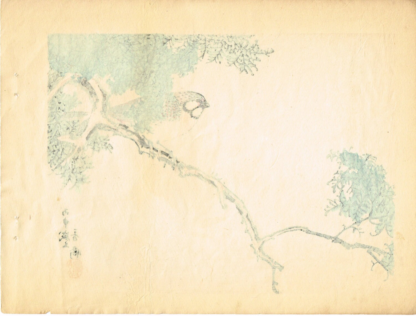1913, Japanese Woodblock print, antique, Taniguchi Kakyo, "meadow bunting"