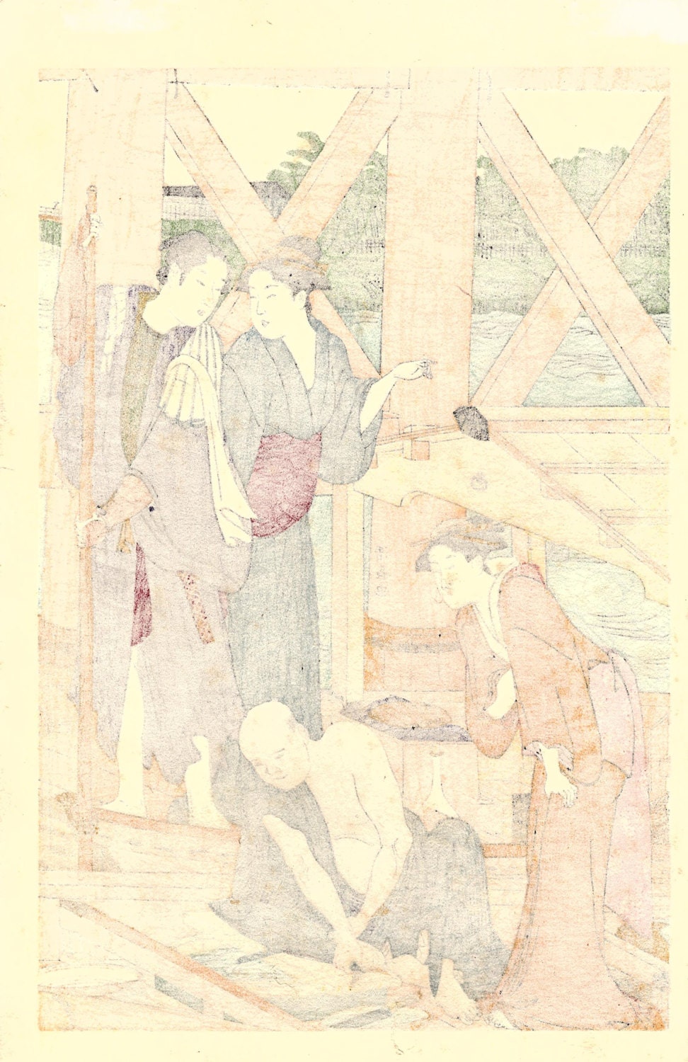 ese Ukiyoe, Woodblock print, antique, Kiyonaga, "A Boating Party under Azuma Bridge" 1