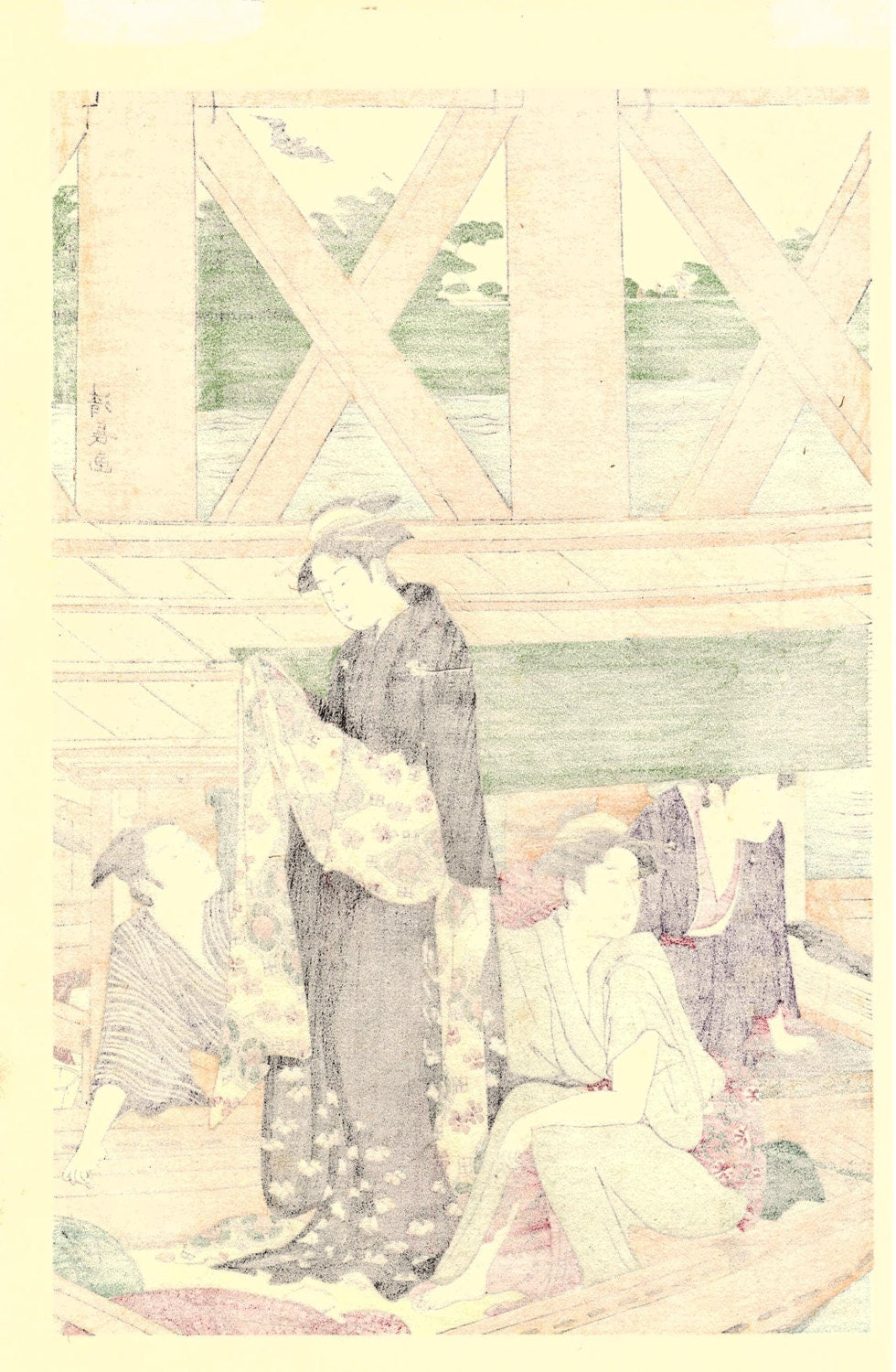 ese Ukiyoe, Woodblock print, antique, Kiyonaga, "A Boating Party under Azuma Bridge" 3