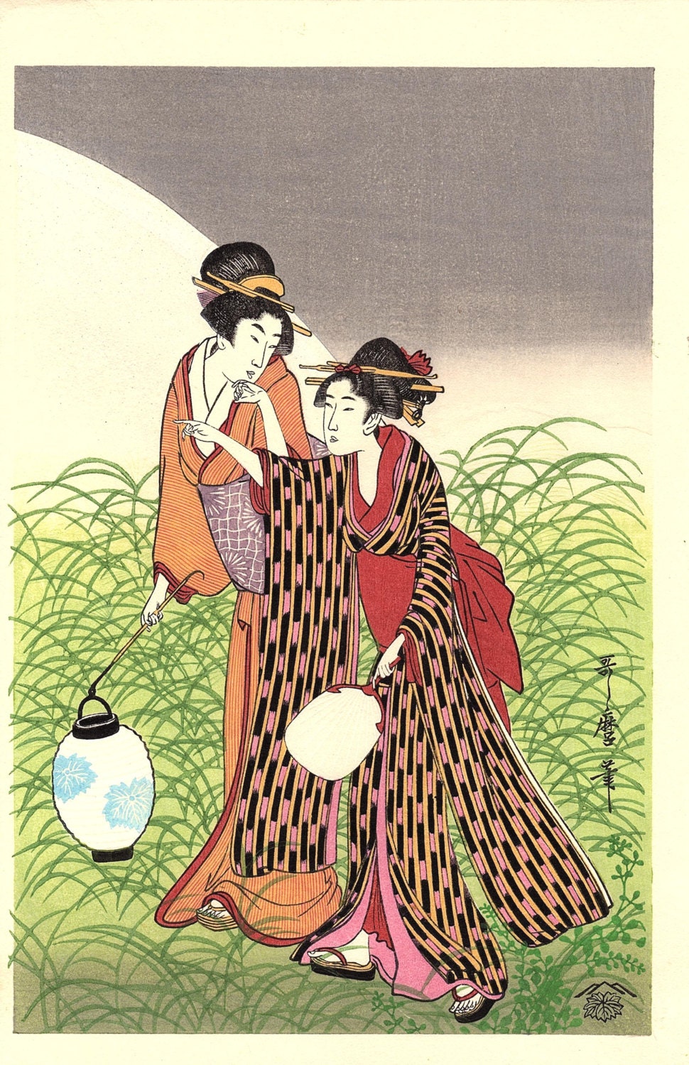 Japanese Ukiyoe, Woodblock print, antique, Utamaro, "Musashino" 2