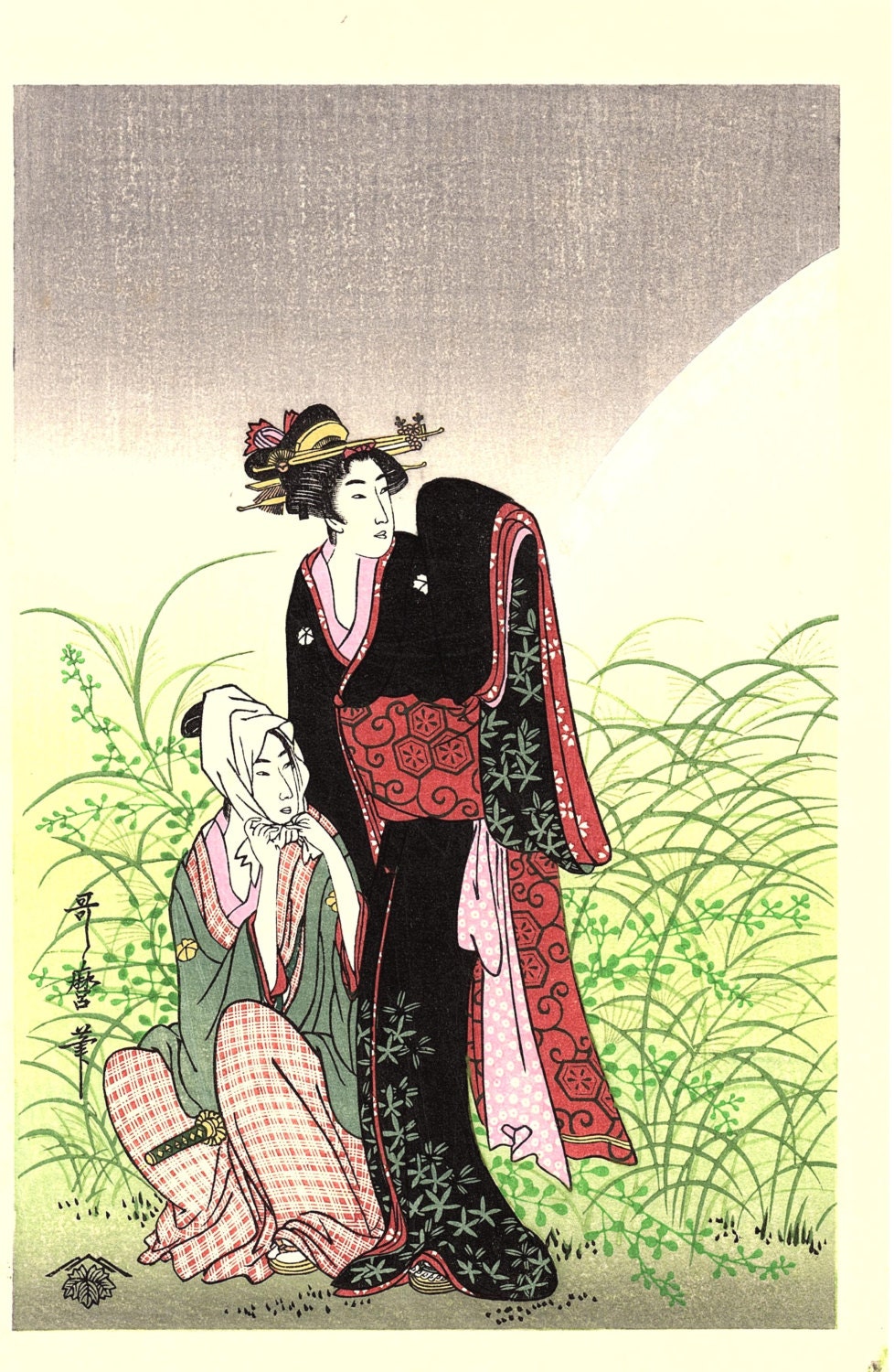 Japanese Ukiyoe, Woodblock print, antique, Utamaro, "Musashino" 1
