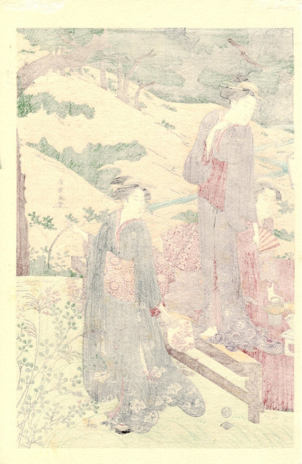 Japanese Ukiyoe, Woodblock print, antique, Katsukawa Shuncho, "A Picnic Party in Autumn" 1