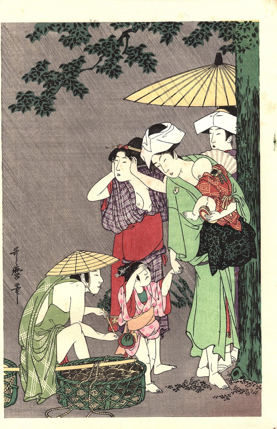 Japanese Ukiyoe, Woodblock print, antique, Utamaro, "Rain Shower" 2